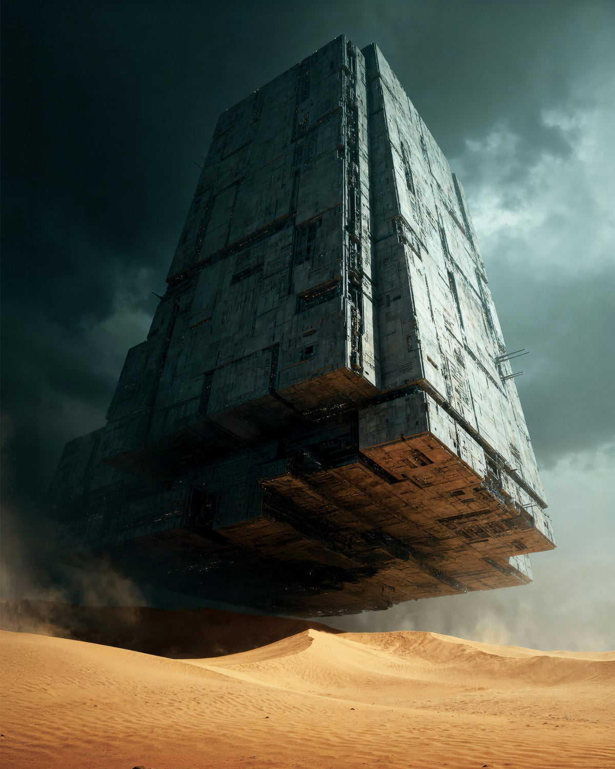 Giant rectangular megastructure floating above golden sand dunes under a dark stormy sky