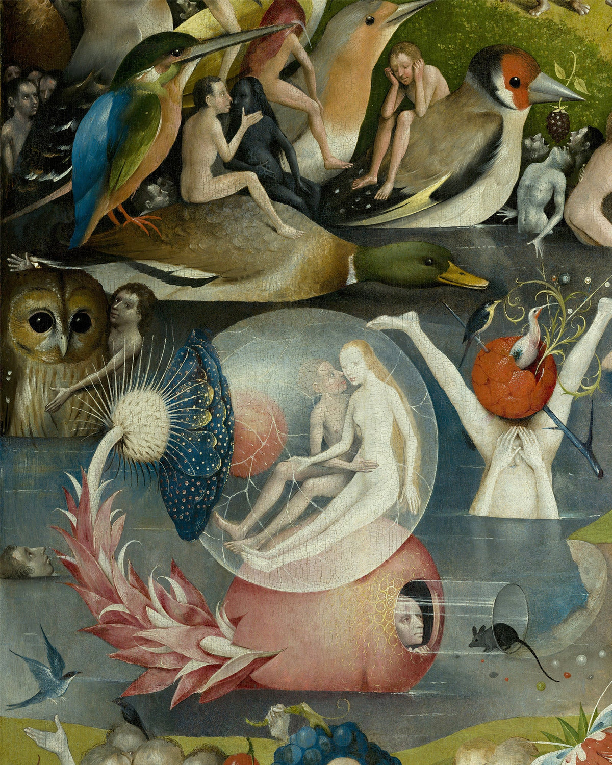 Detail of The Garden of Earthly Delights by Bosch: a couple inside a glass bubble surrounded by giant birds, an owl and a pink fruit