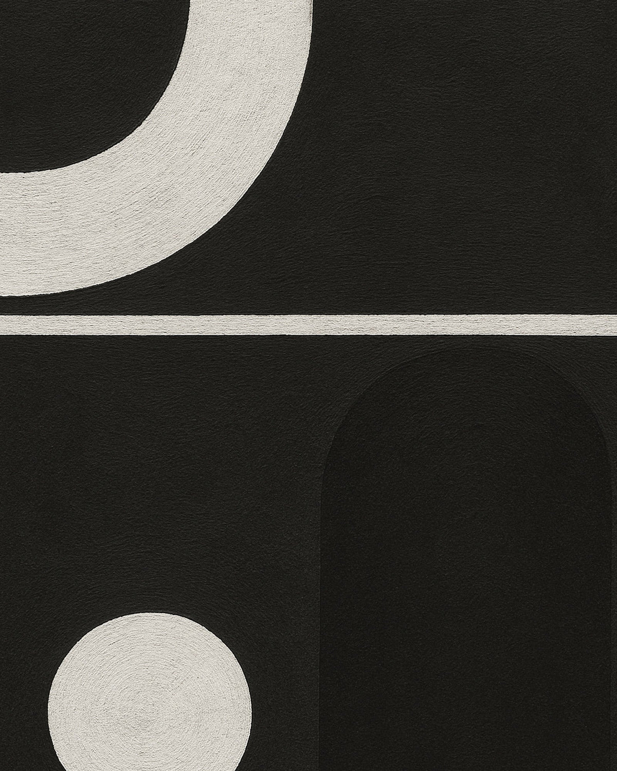 Minimalist abstract poster of white arches, a line and a circle on a textured black background