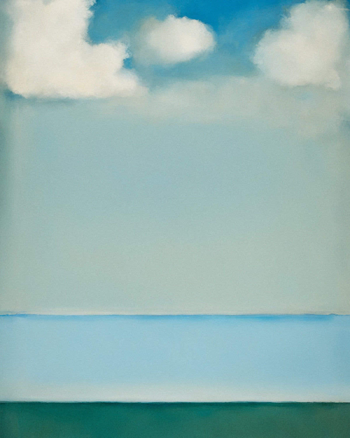 Minimalist painting of a calm horizon: white clouds over a pale blue sky, a band of blue sea and a green shore