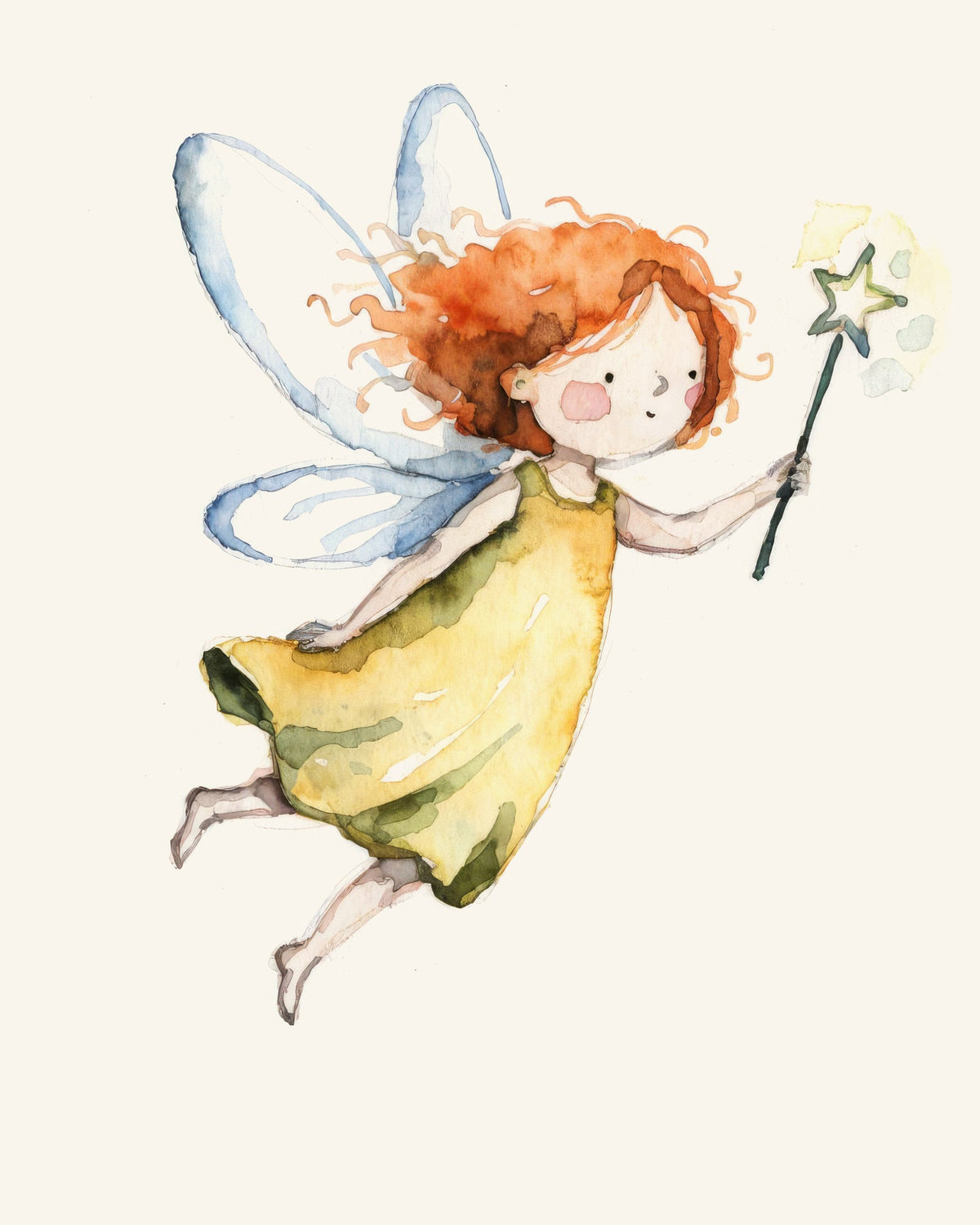 Watercolor illustration of a little red-haired fairy in a yellow dress with blue wings, flying with a star-tipped wand