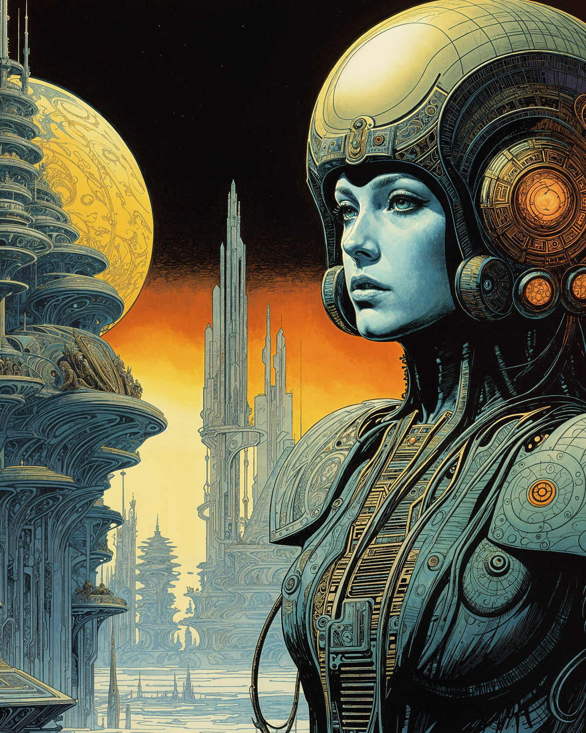 Retro sci-fi comic-style illustration of a woman in an ornate space helmet in front of spiral towers and a yellow planet