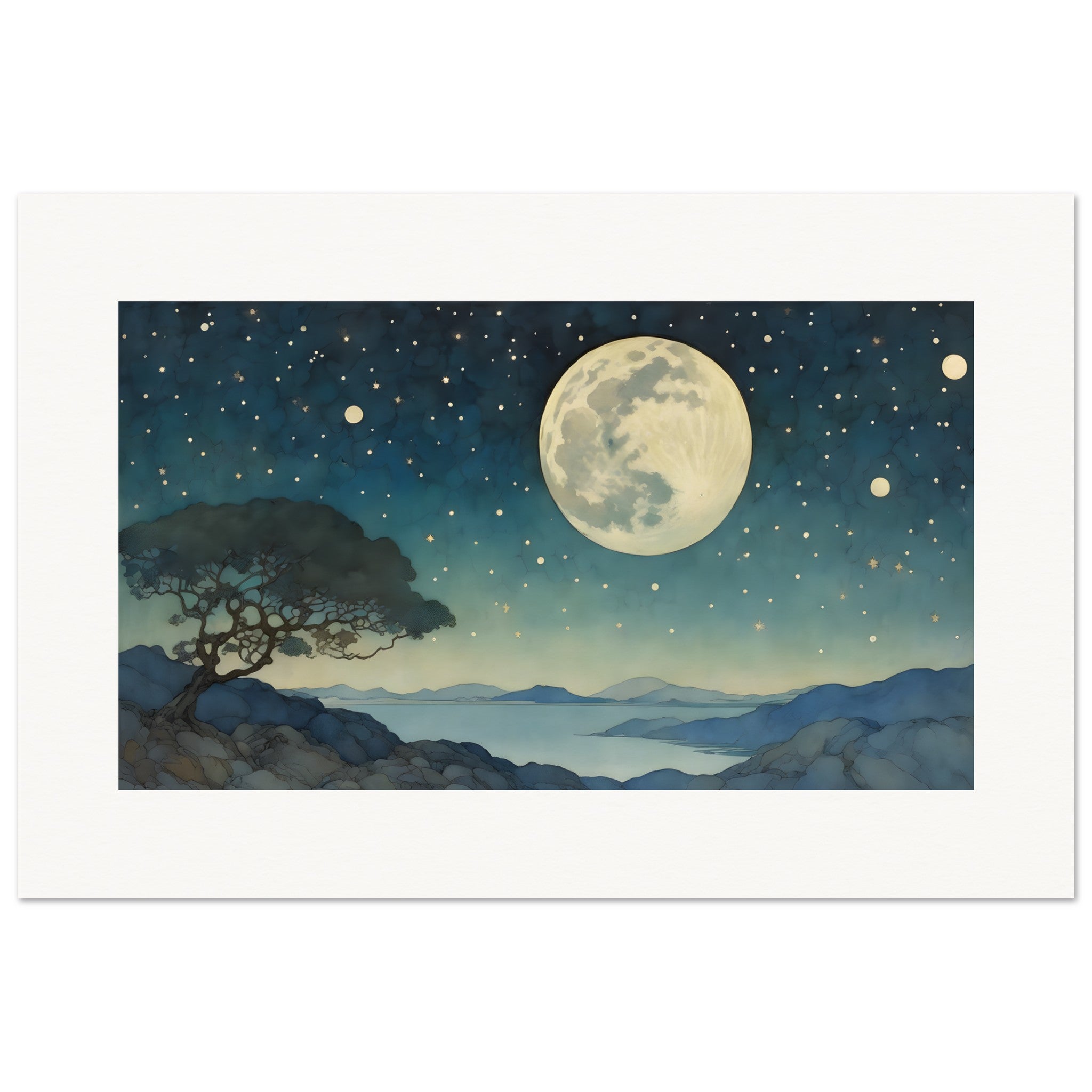 Ilustración encantadora, Luna y cielo estrellado - Póster