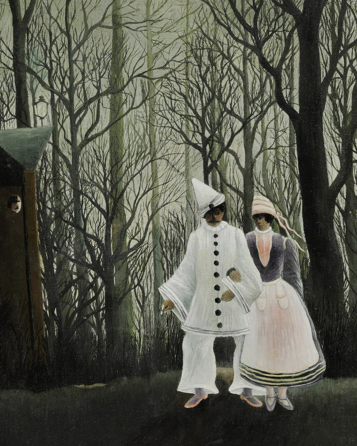 Pintura surrealista de dos figuras en un bosque oscuro y sin hojas. Una lleva un conjunto blanco abotonado por delante y un sombrero blanco puntiagudo; la otra, un vestido rosa pálido y gris.