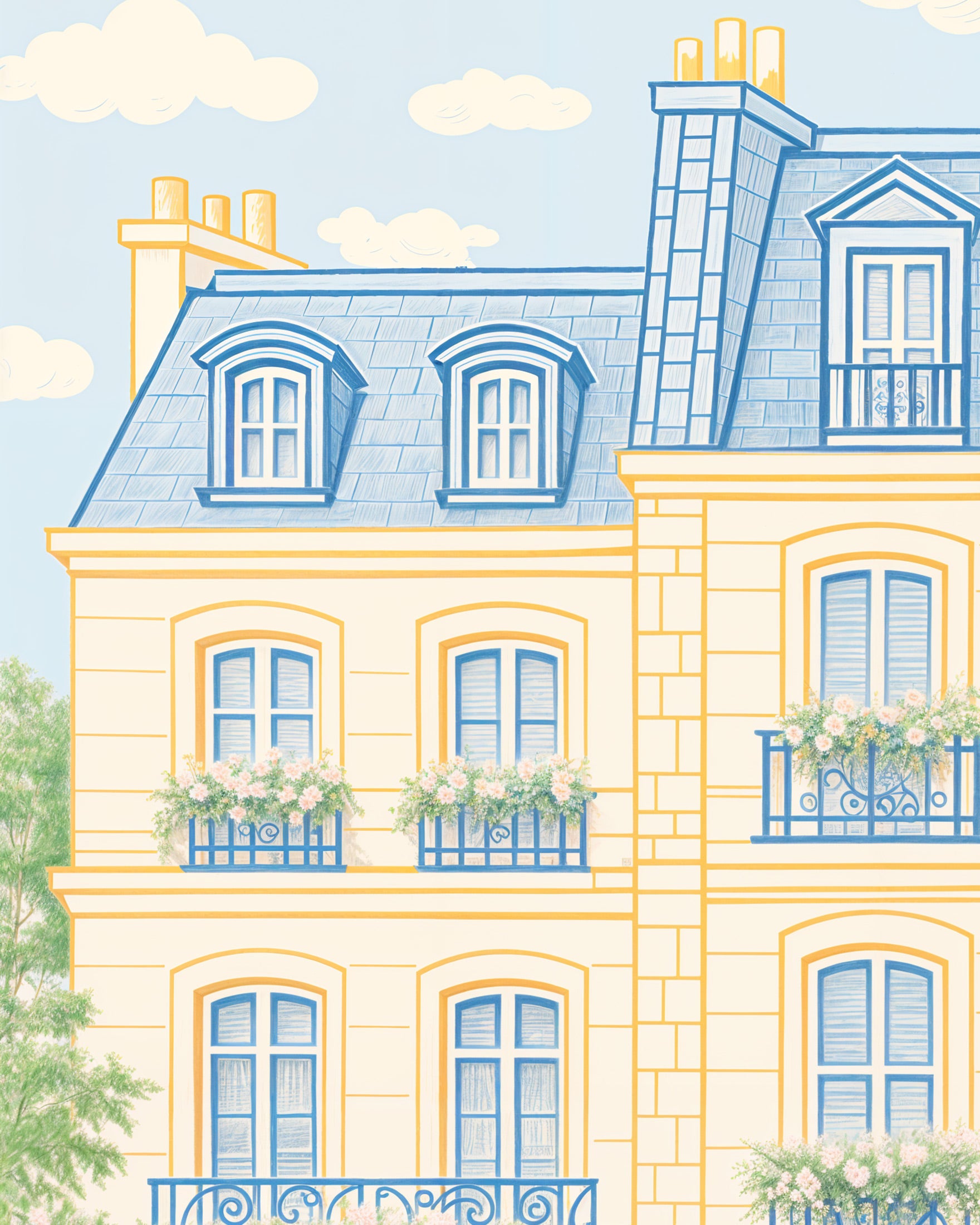 Póster de Fachada de París – Ilustración Pastel Elegante