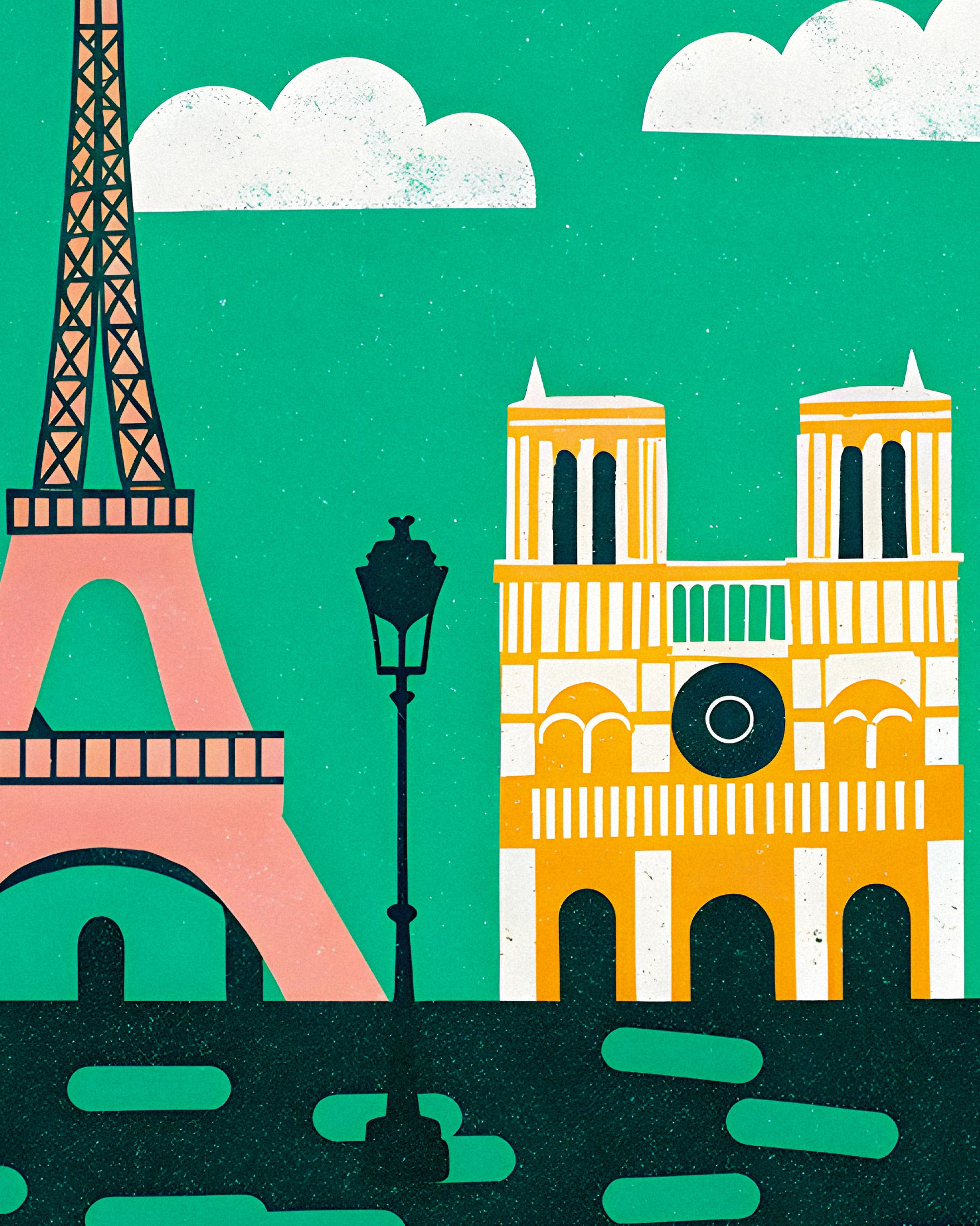 Ilustración Gráfica Moderna de la Torre Eiffel y Notre-Dame - Póster de París