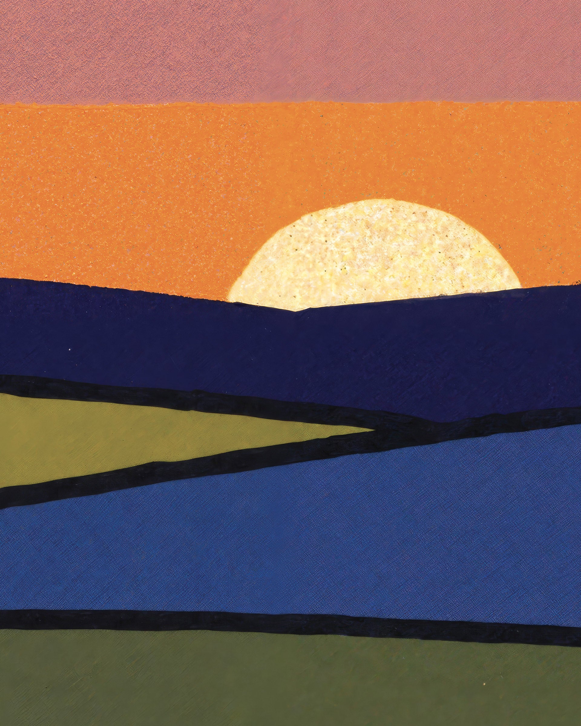 A stylized landscape art print featuring a textured sunset with a cream-colored sun over layered hills in orange, purple, blue, olive green, and black.