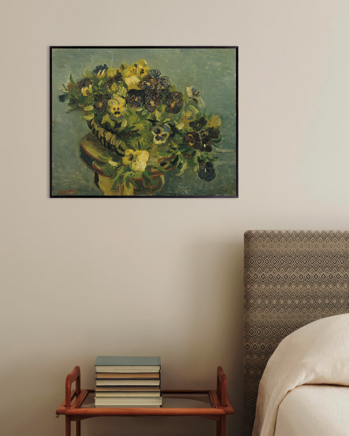 Póster de Cesto de pensamientos sobre una mesita (1887), de Vincent van Gogh, con marco metálico