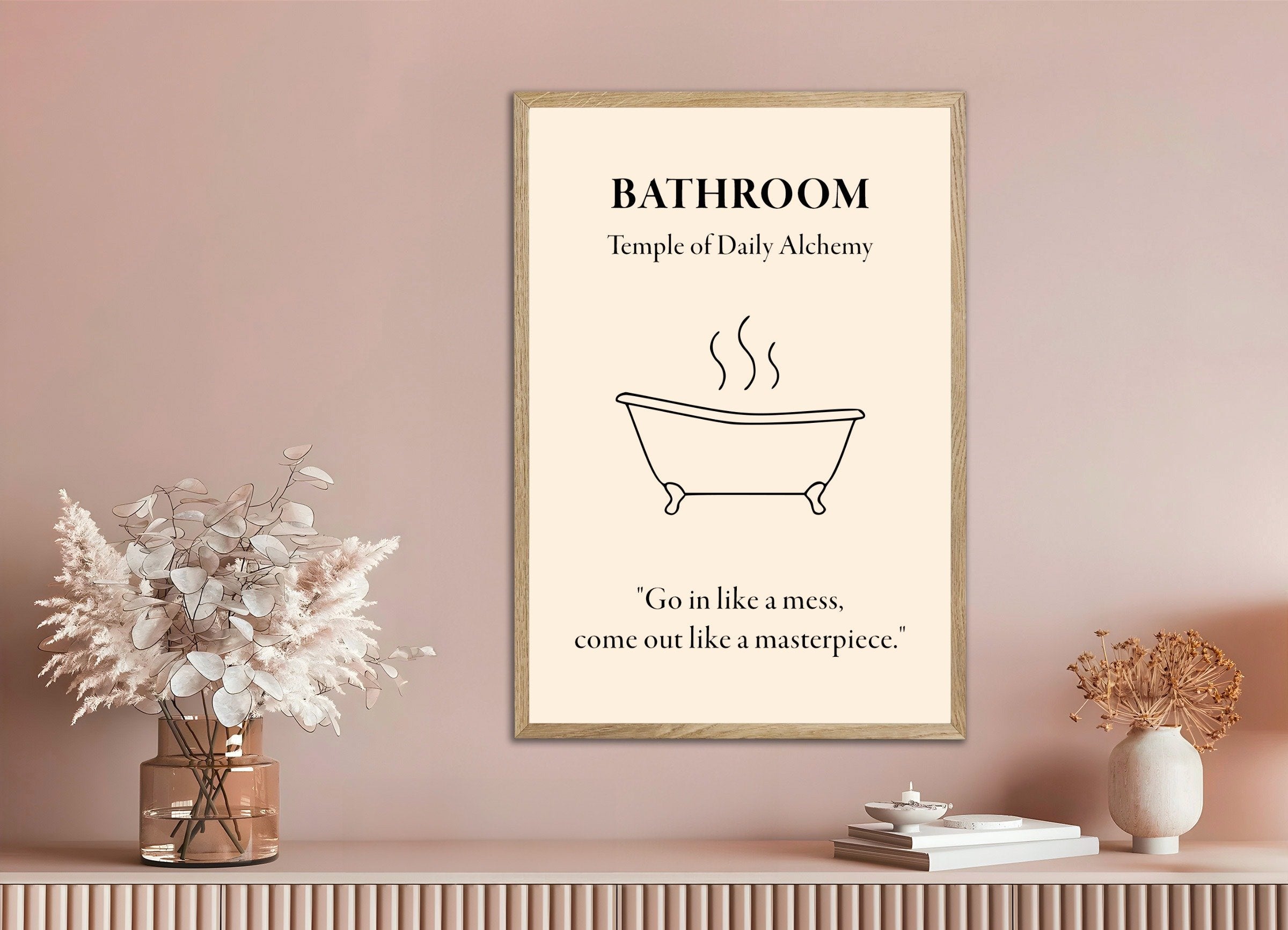 Poster of Bathroom Temple of Daily Alchemy Art Print, with natural wooden frame