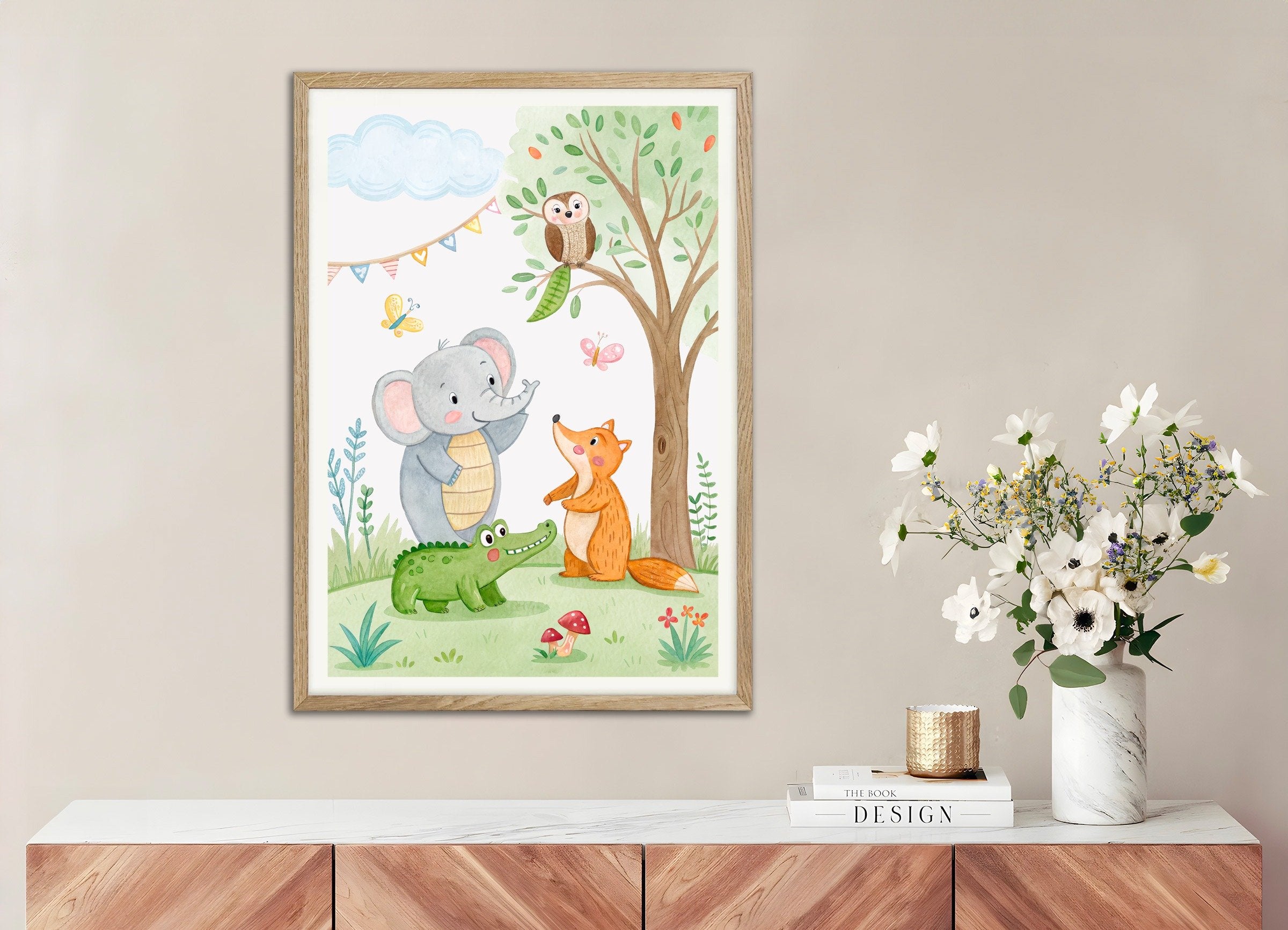 Poster of Birthday Party Animals Poster - Nursery Birthday Decoration, with natural wooden frame