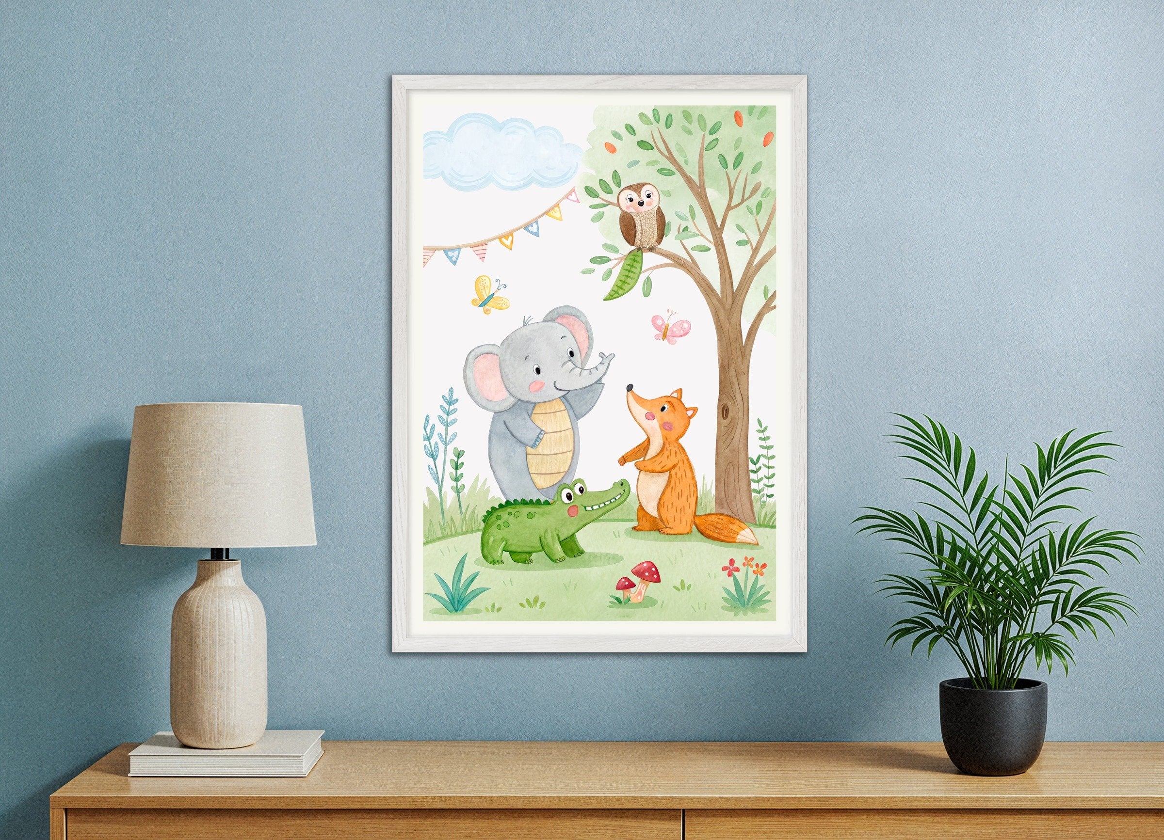 Poster of Birthday Party Animals Poster - Nursery Birthday Decoration, with white wooden frame