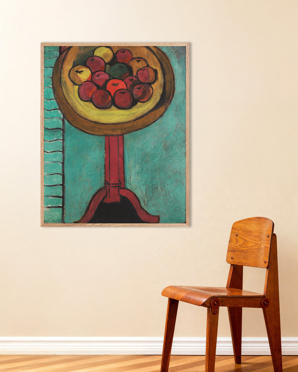Póster de Cuenco de manzanas sobre una mesa (1916), de Henri Matisse, con marco de madera natural