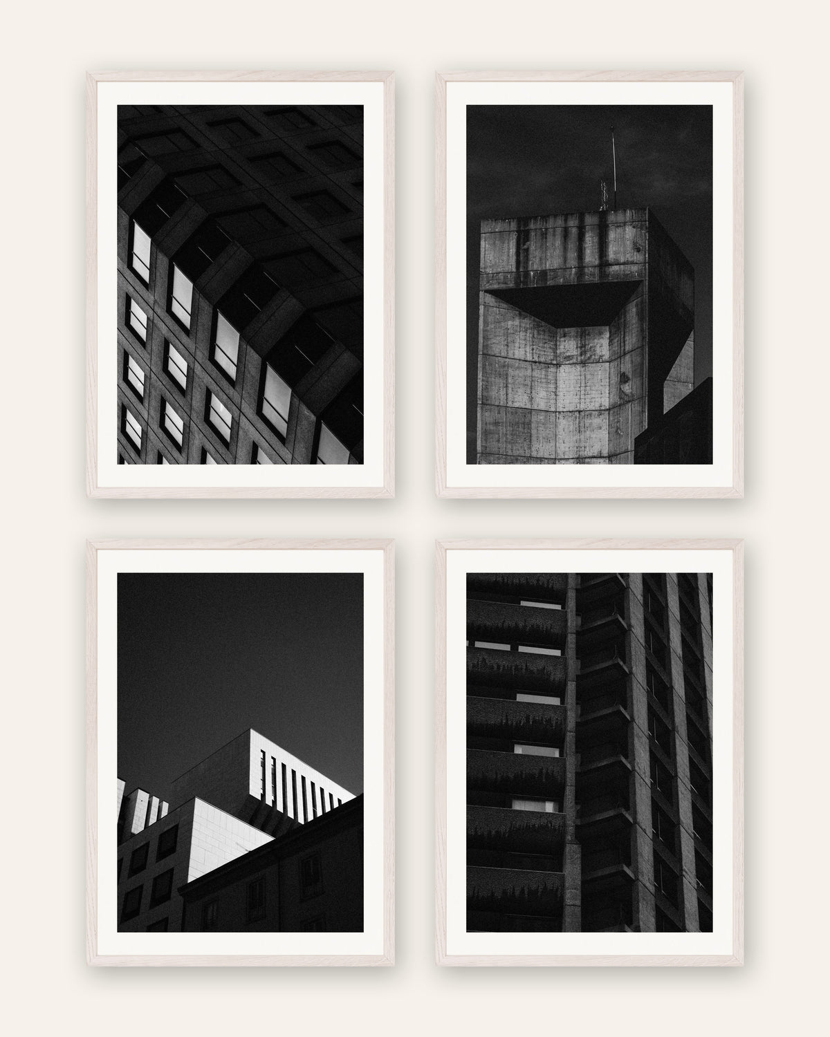 Pósters brutalistas, conjunto de 4: el hormigón de noche, con marcos de roble blanco