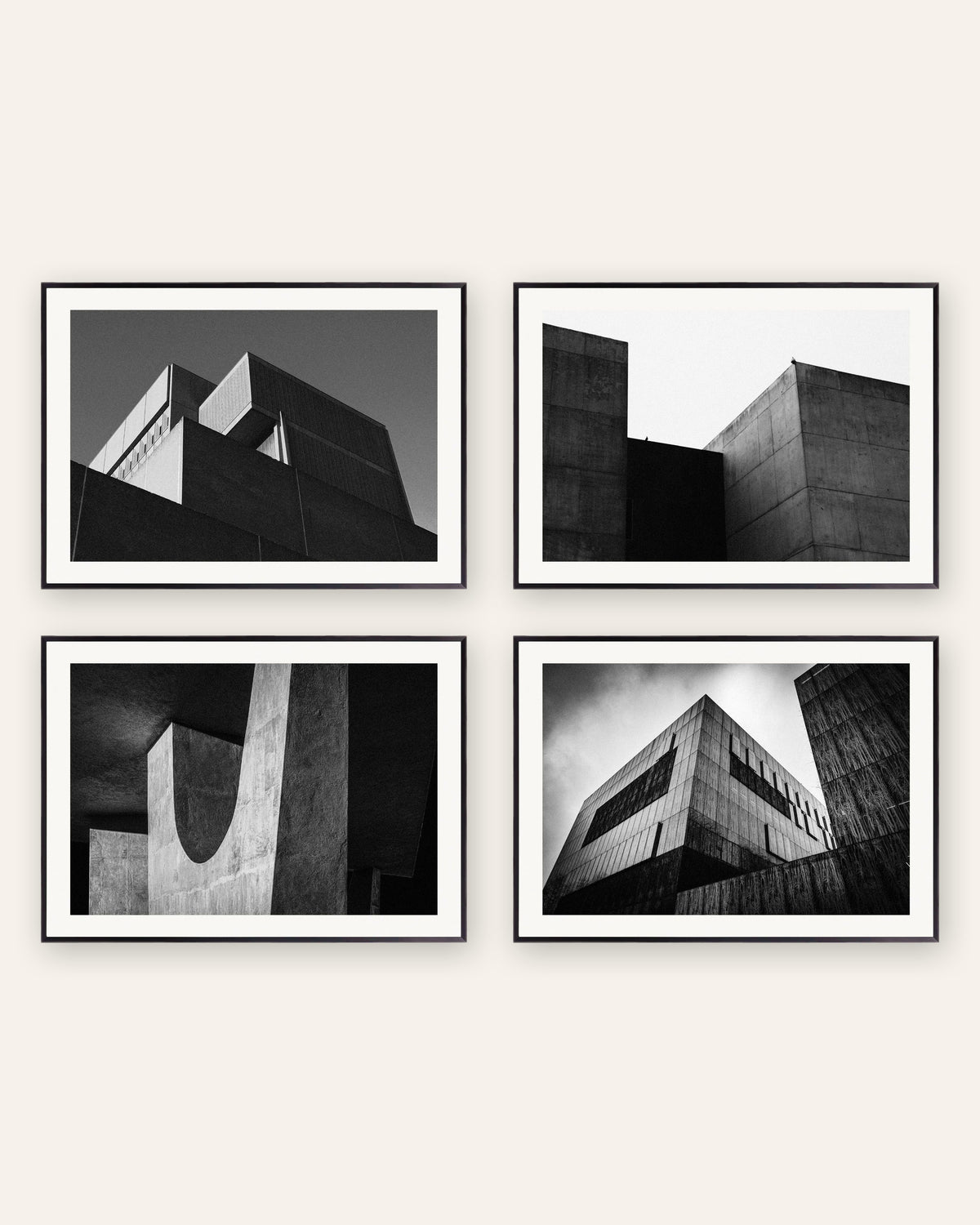 Pósters brutalistas, conjunto de 4: volúmenes de hormigón minimalistas, con marcos de metal negro