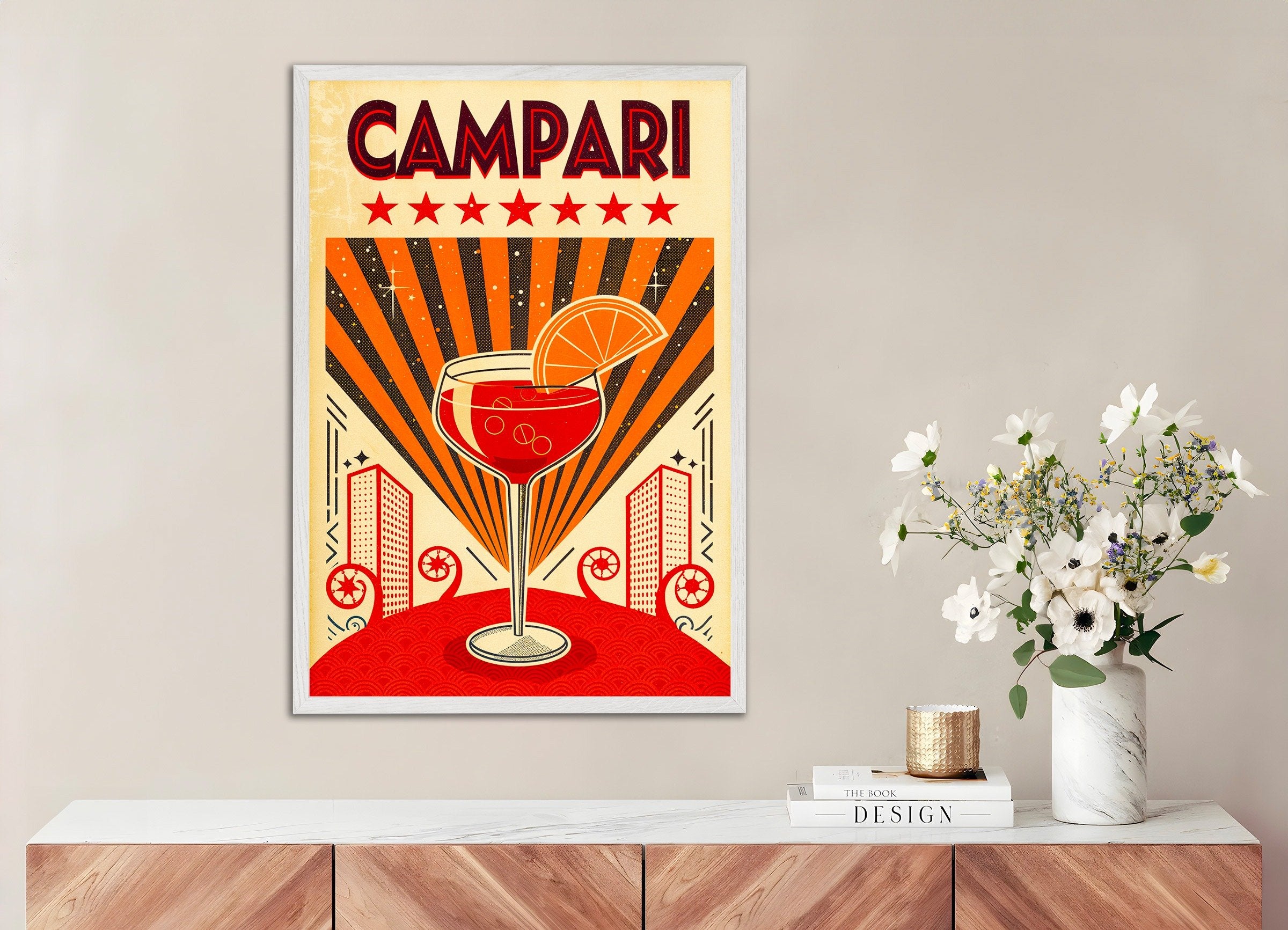 Poster of Campari Cocktail - Retro Aperitif Art Print, with white wooden frame