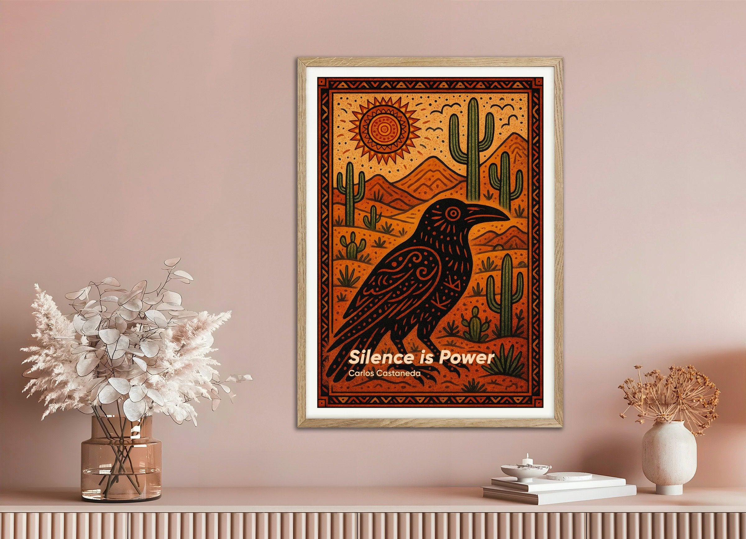 Poster of Carlos Castaneda "Power of Silence" Quote Poster, with natural wooden frame