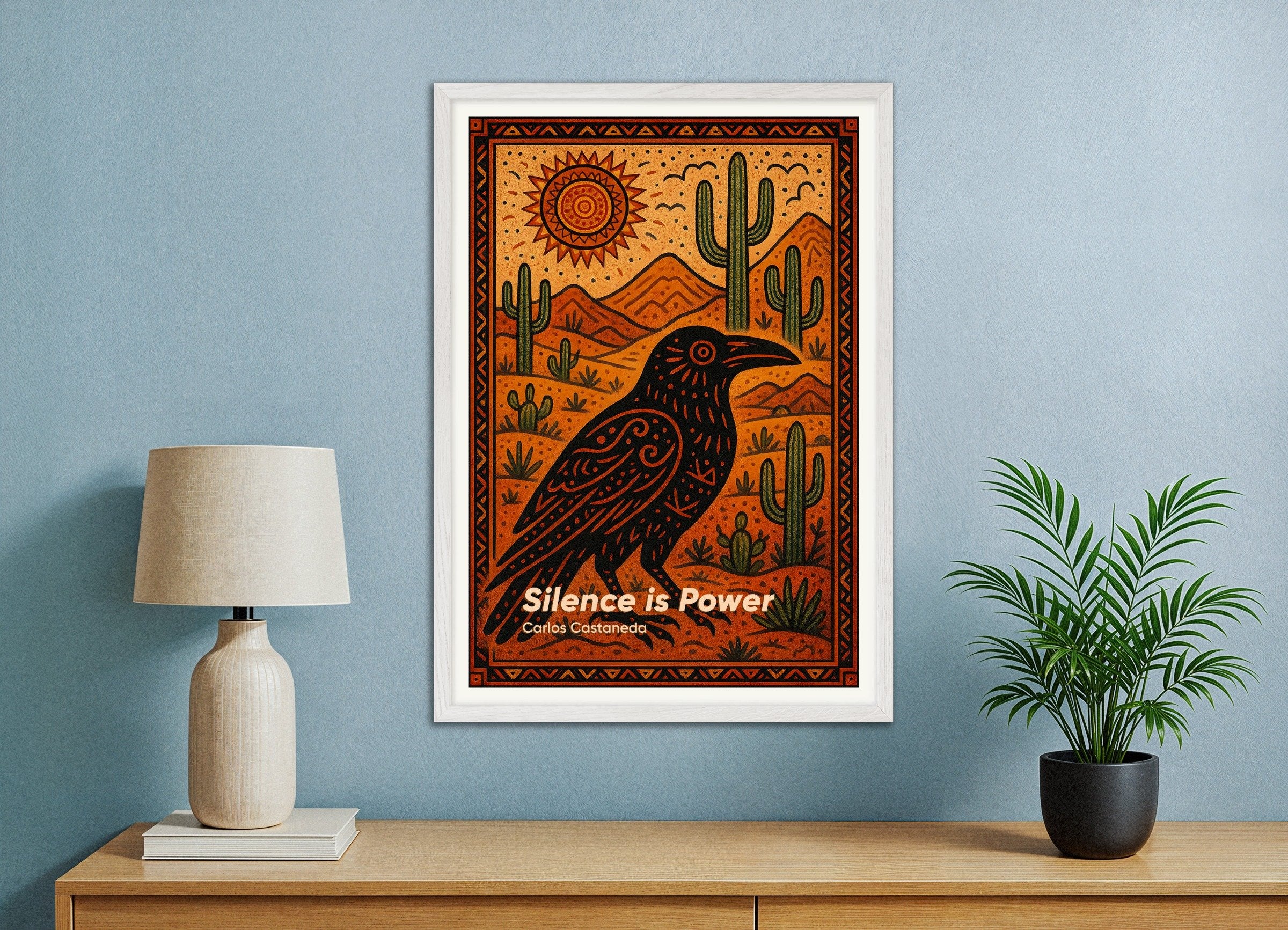 Poster of Carlos Castaneda "Power of Silence" Quote Poster, with white wooden frame