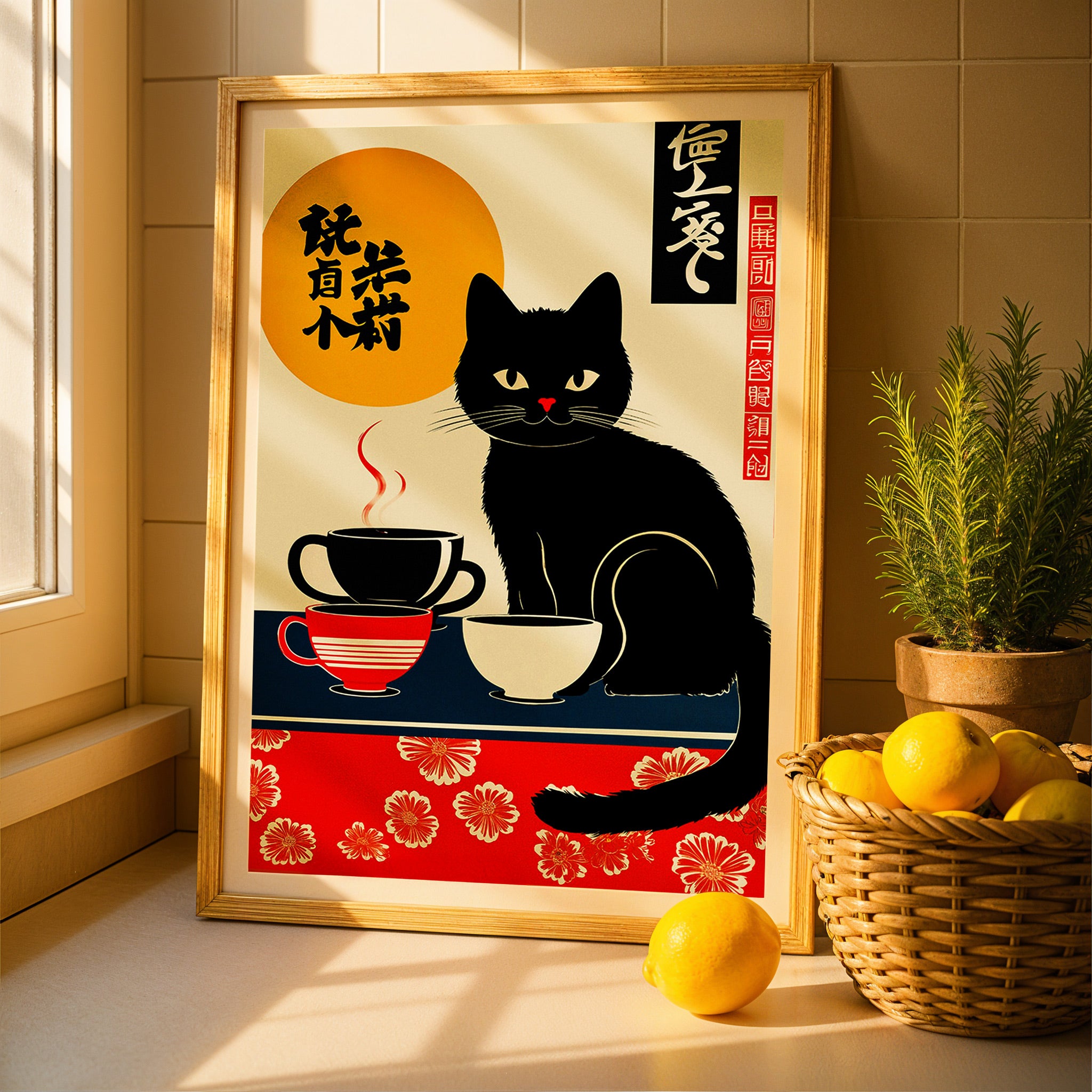 Póster japonés, gato con tazas de café