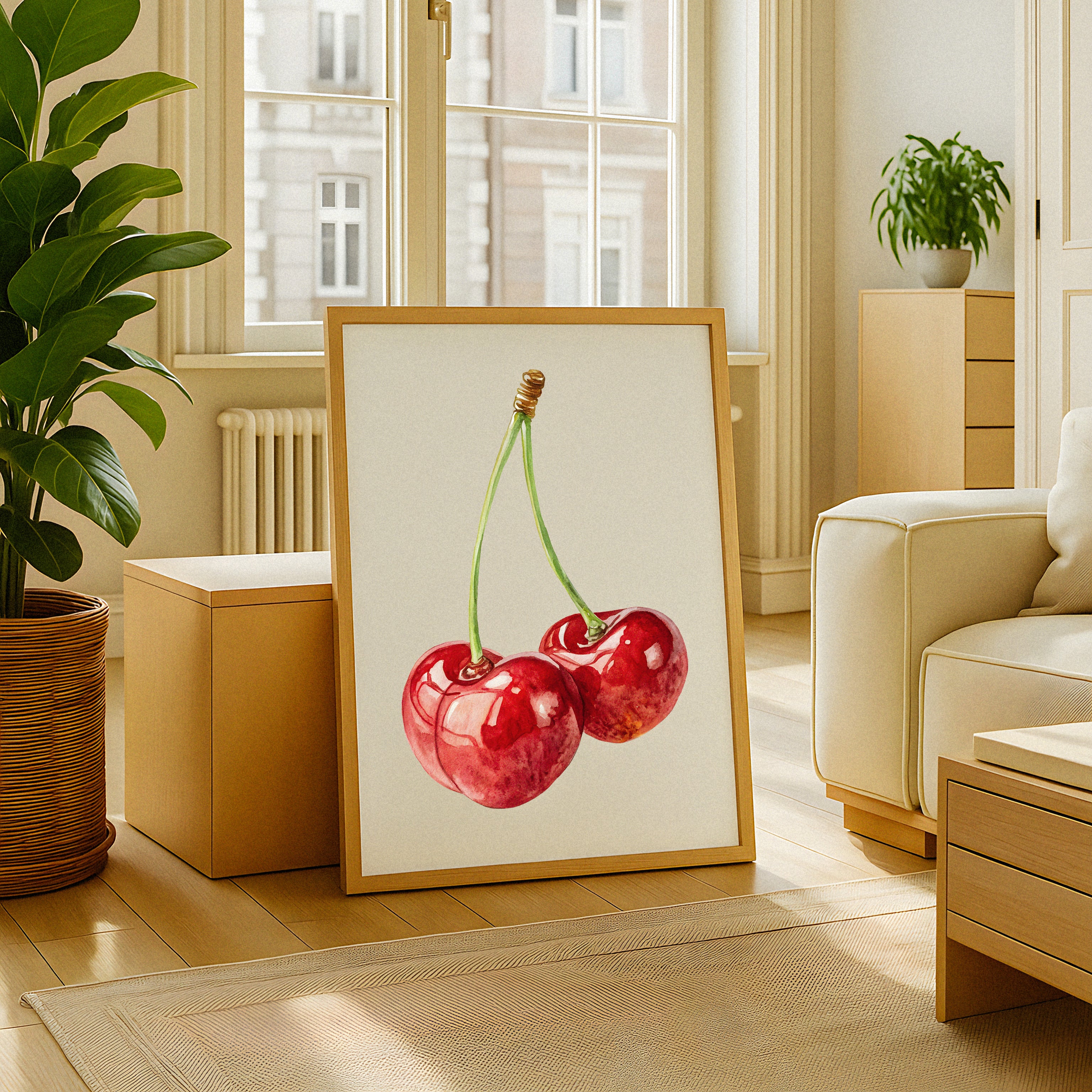 Lámina decorativa de cereza en acuarela – Póster de decoración de pared de frutas