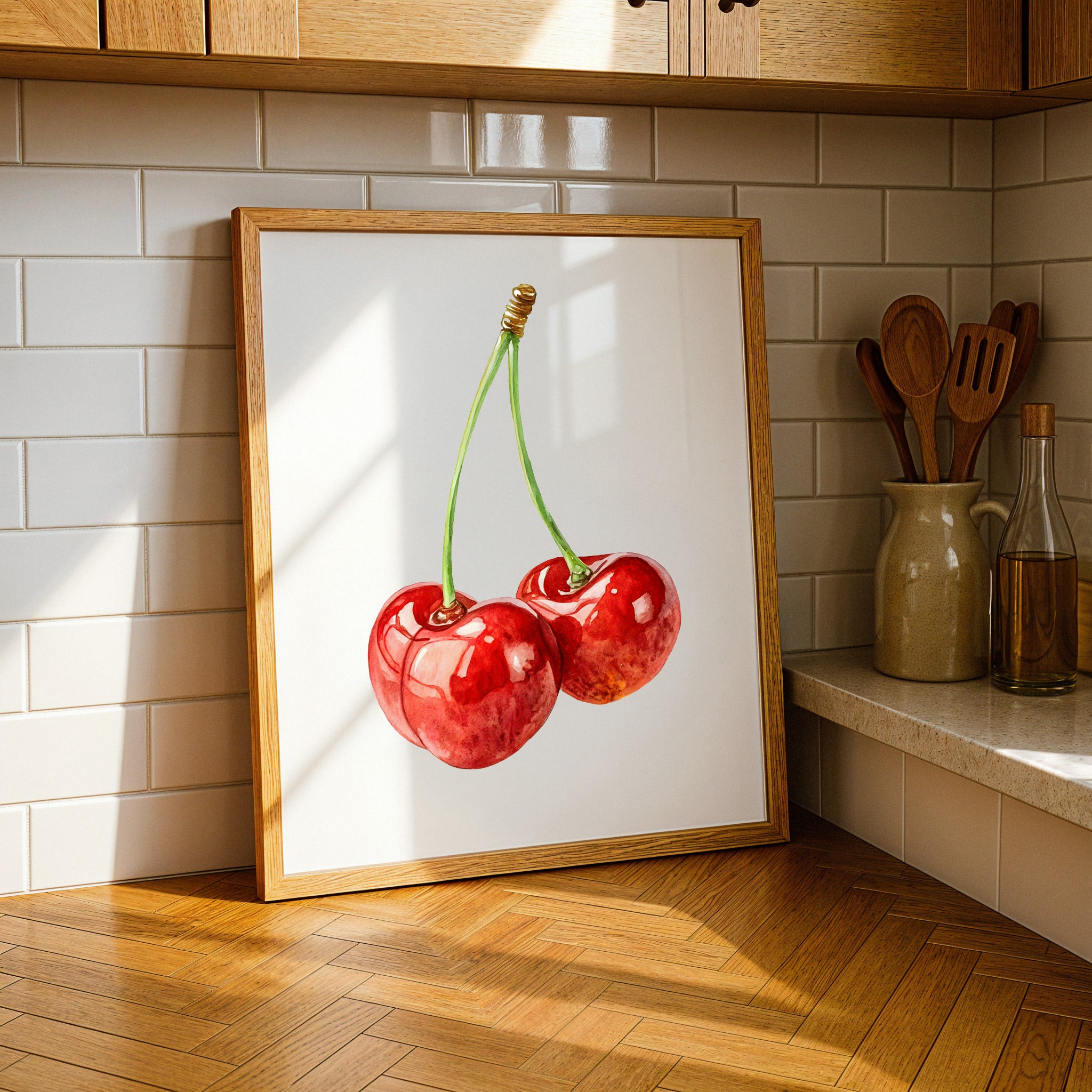 Lámina decorativa de cereza en acuarela – Póster de decoración de pared de frutas