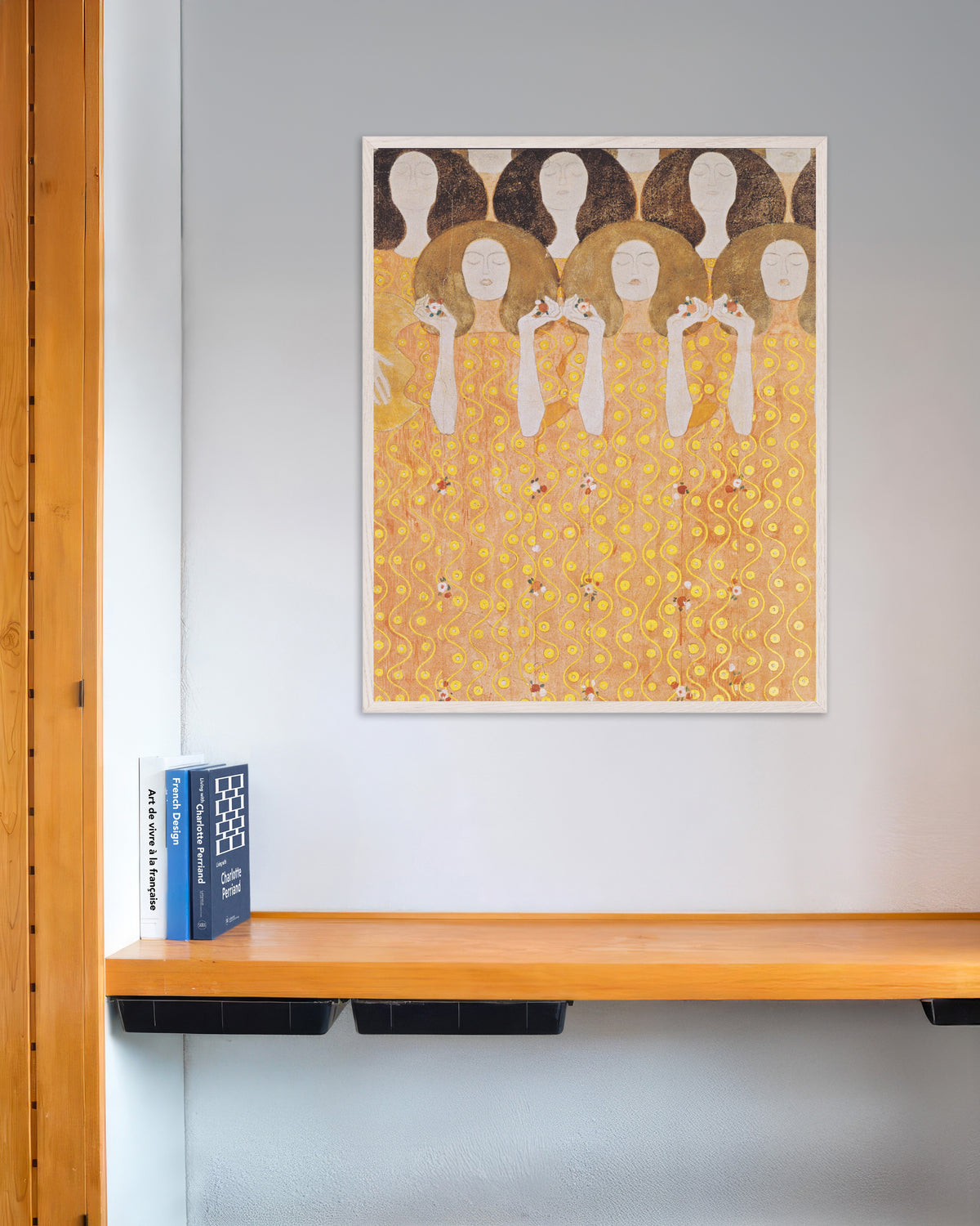 Póster Coro de los ángeles del paraíso, Friso de Beethoven (1902), de Gustav Klimt, con marco de madera blanca