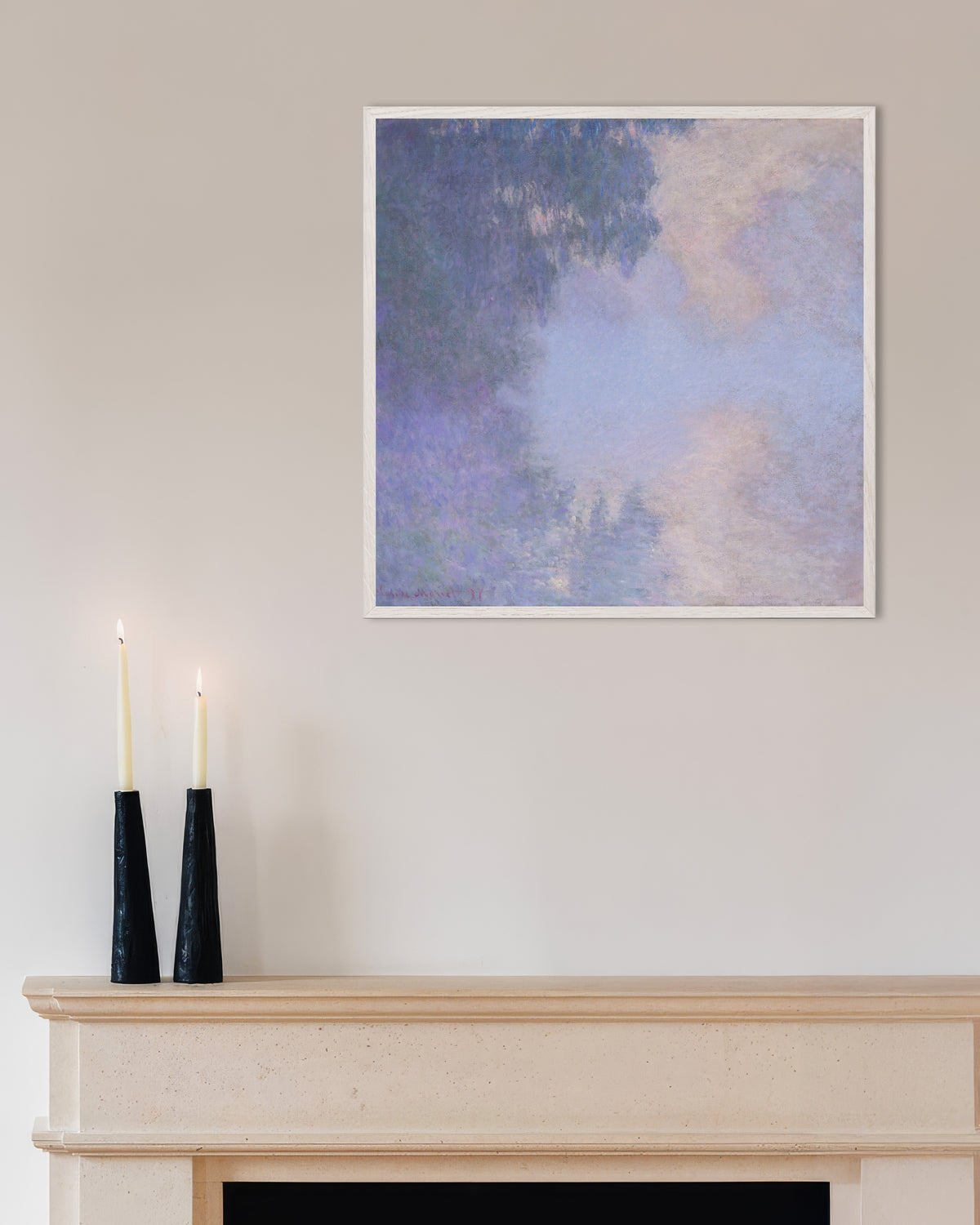 Póster Brazo del Sena cerca de Giverny, niebla (1897), de Claude Monet, con marco de madera blanca