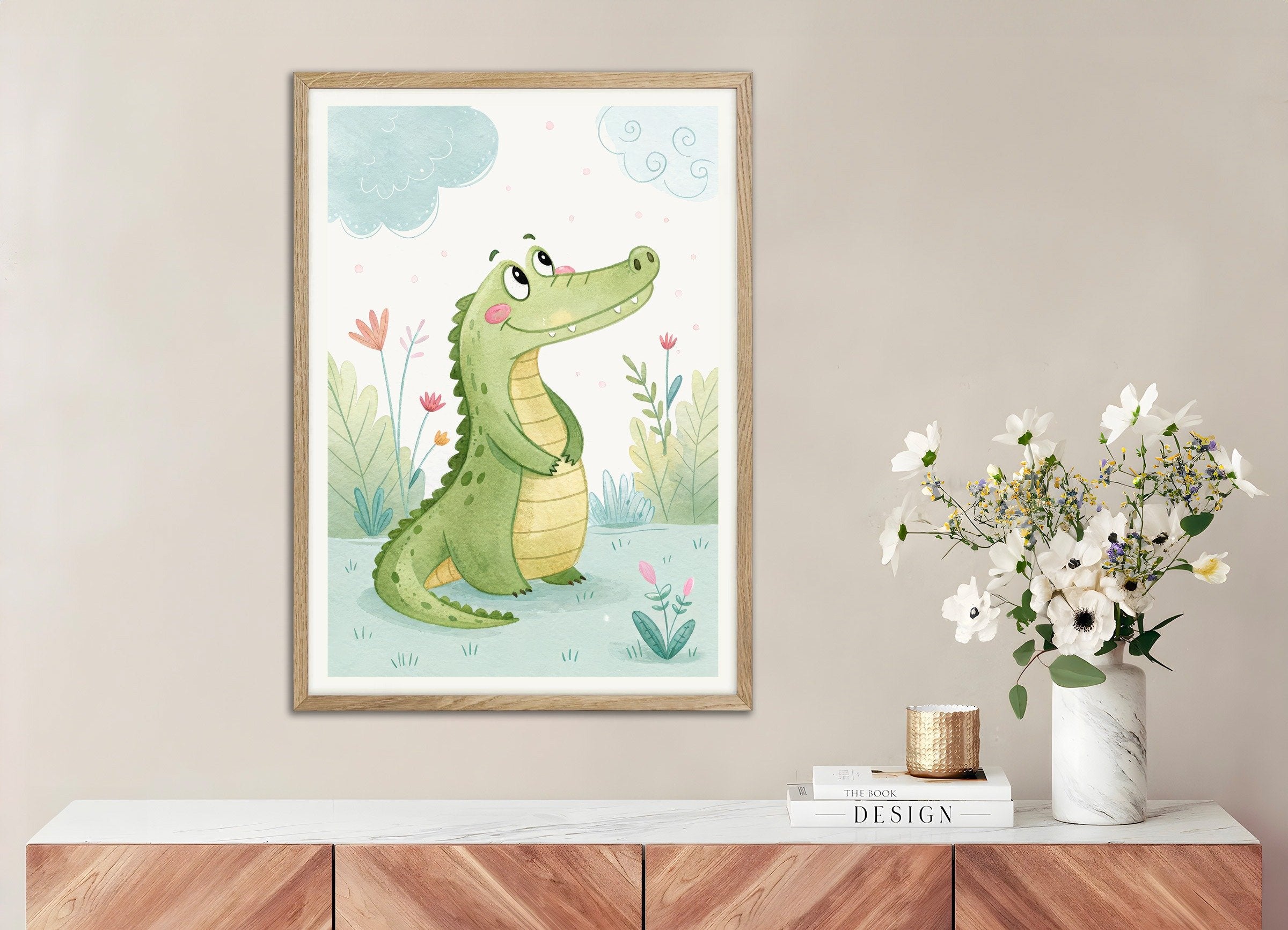 Crocodile Poster - Safari Nursery Wall Art, with natural wooden frame