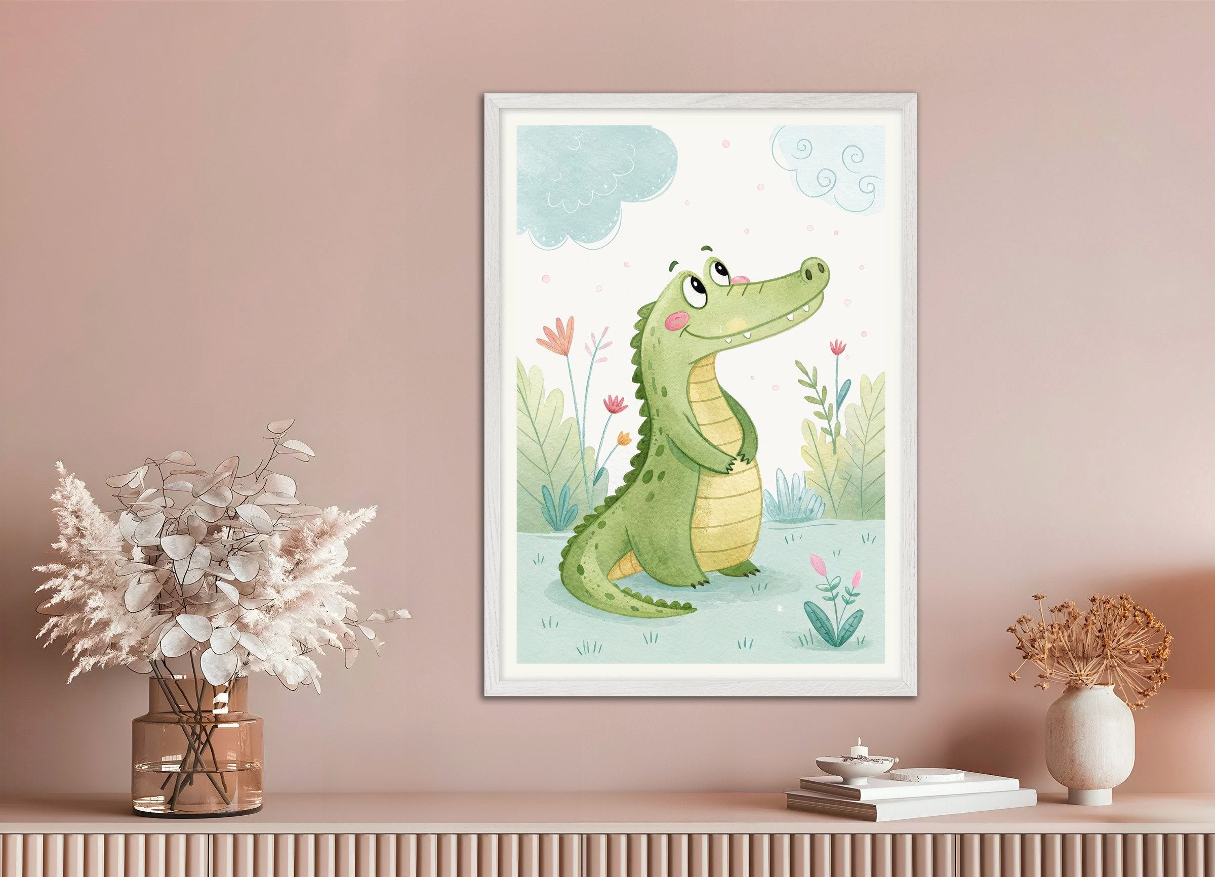 Crocodile Poster - Safari Nursery Wall Art, with white wooden frame