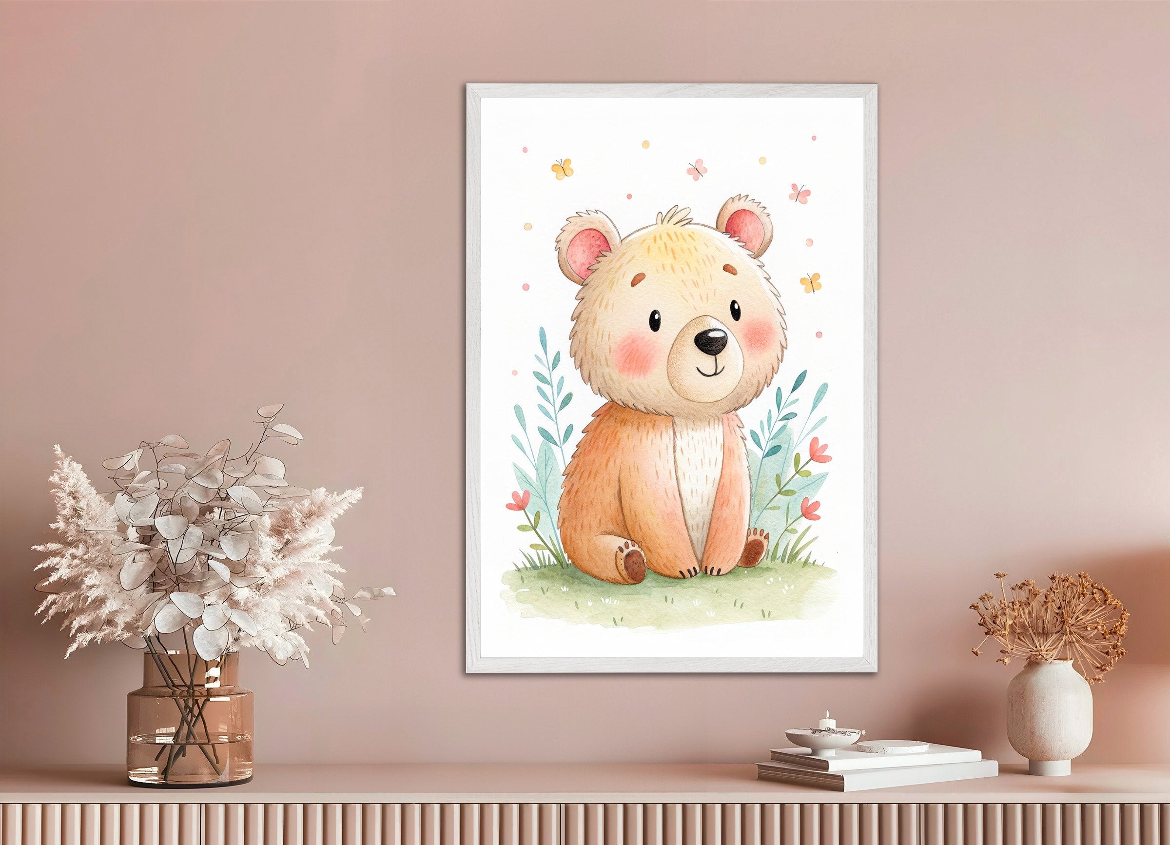 Cute Bear Poster - Nursery Wall Art with Butterflies, with white wooden frame