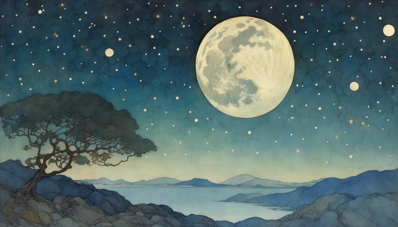 Ilustración encantadora, Luna y cielo estrellado - Póster