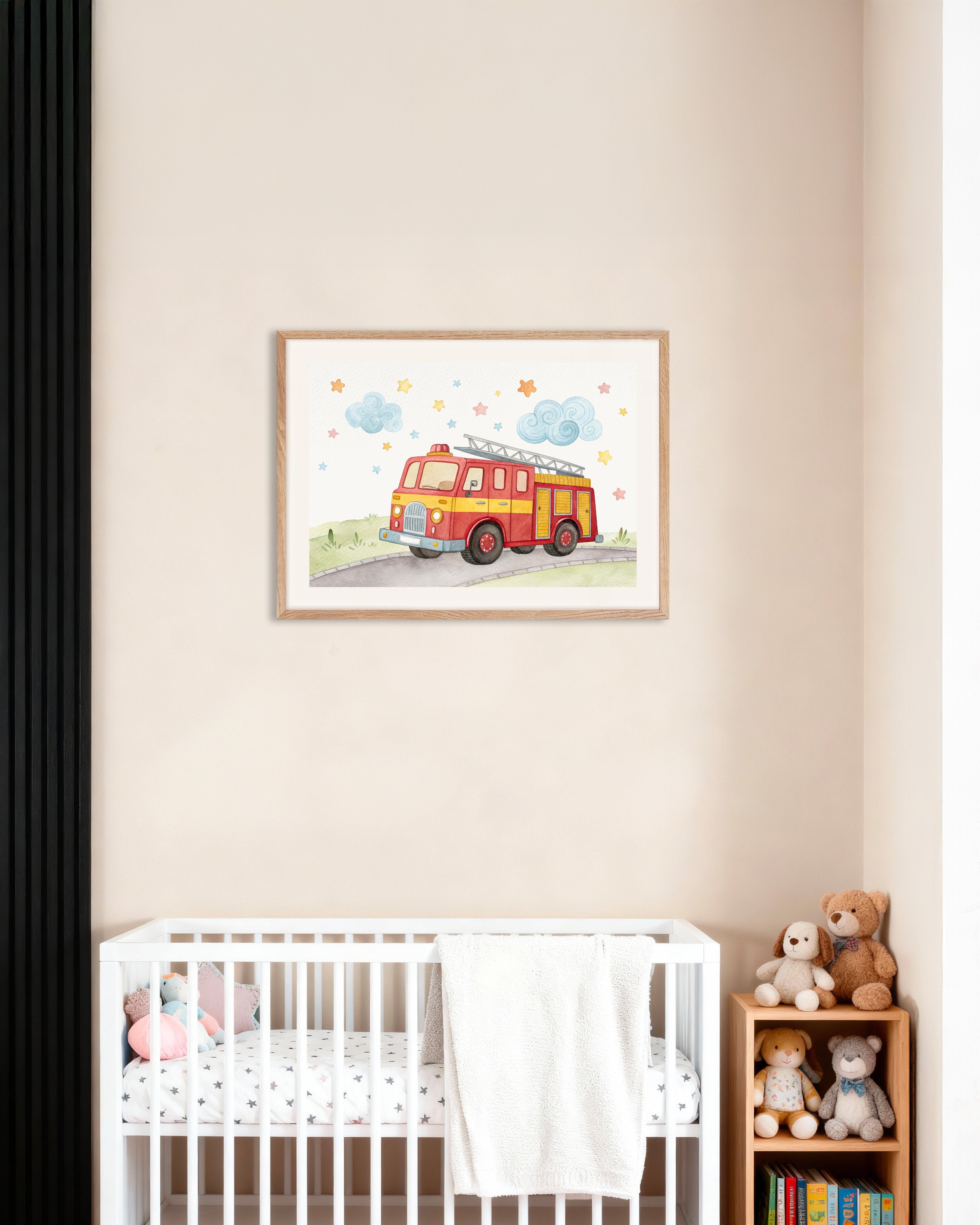 Poster of Fire Truck Poster - Boys Nursery Wall Art, with natural wooden frame