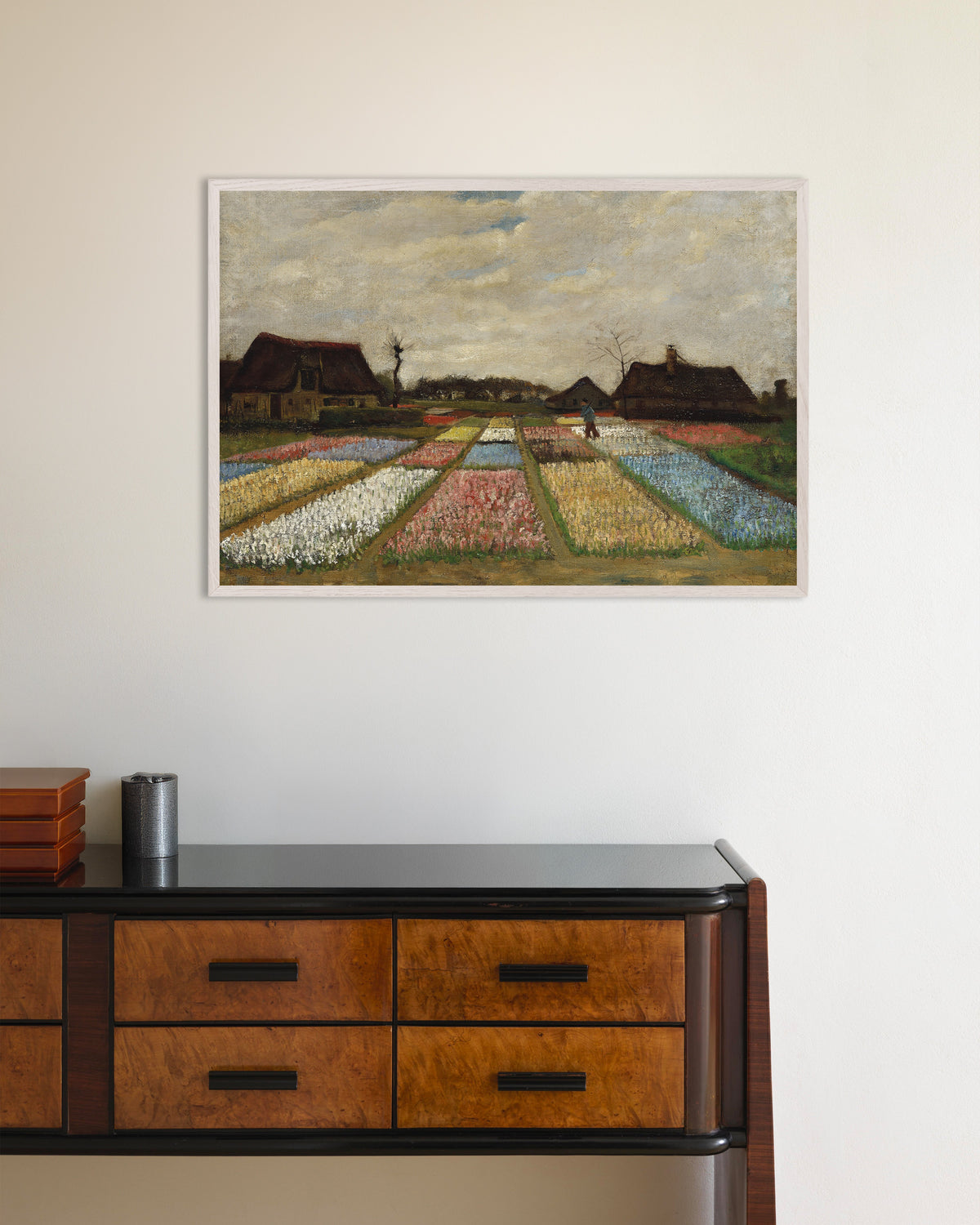 Póster de Parterres de flores en Holanda (c. 1883), de Vincent van Gogh, con marco de madera blanca