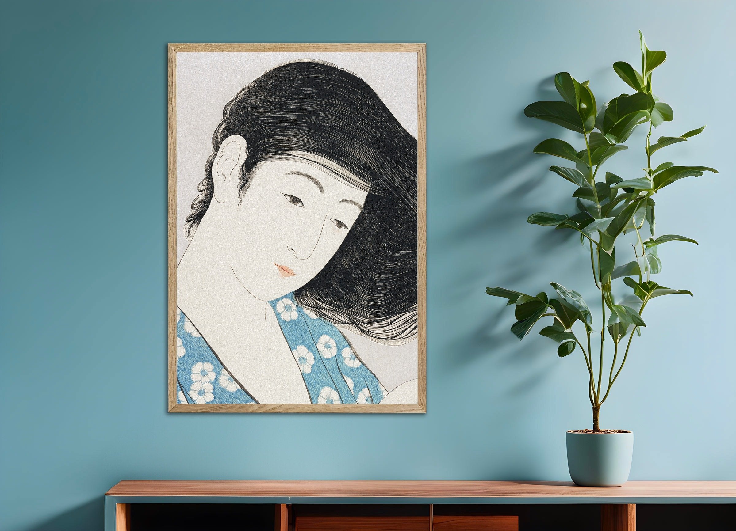 Poster of Goyo Hashiguchi Print - Woman Combing Her Hair 01 - The face, with natural wooden frame