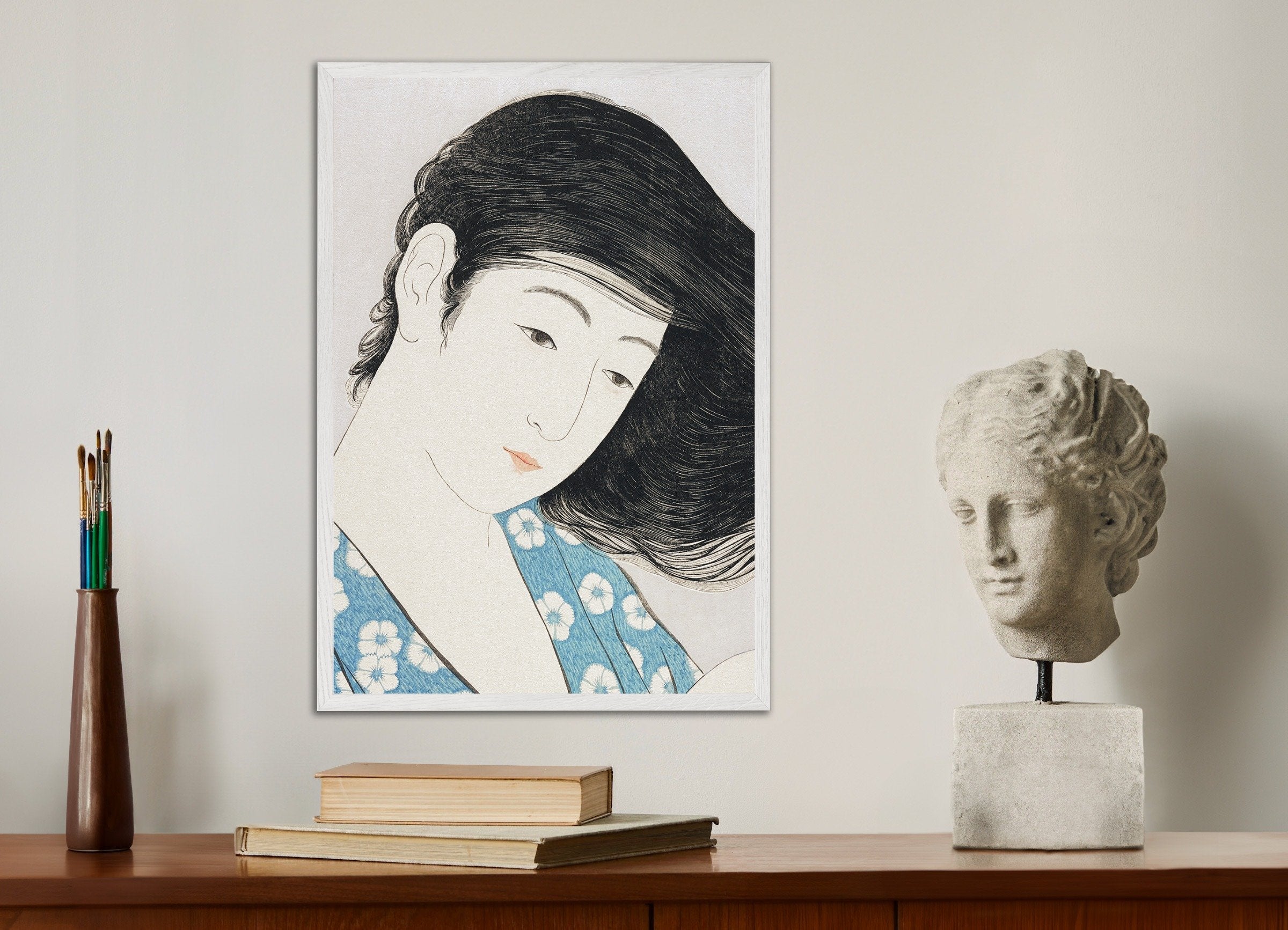 Poster of Goyo Hashiguchi Print - Woman Combing Her Hair 01 - The face, with white wooden frame
