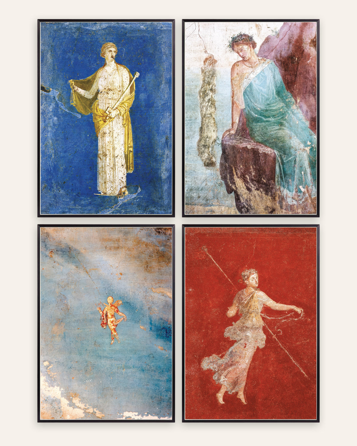 Pósters de frescos romanos, conjunto de 4: Medea, Ícaro, Psique y ménade, con marcos de metal negro