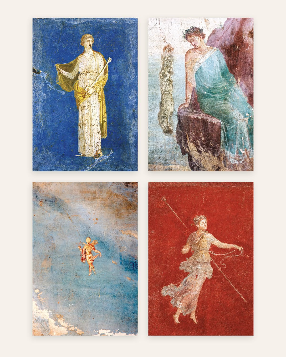 Pósters de frescos romanos, conjunto de 4: Medea, Ícaro, Psique y ménade, sin marco