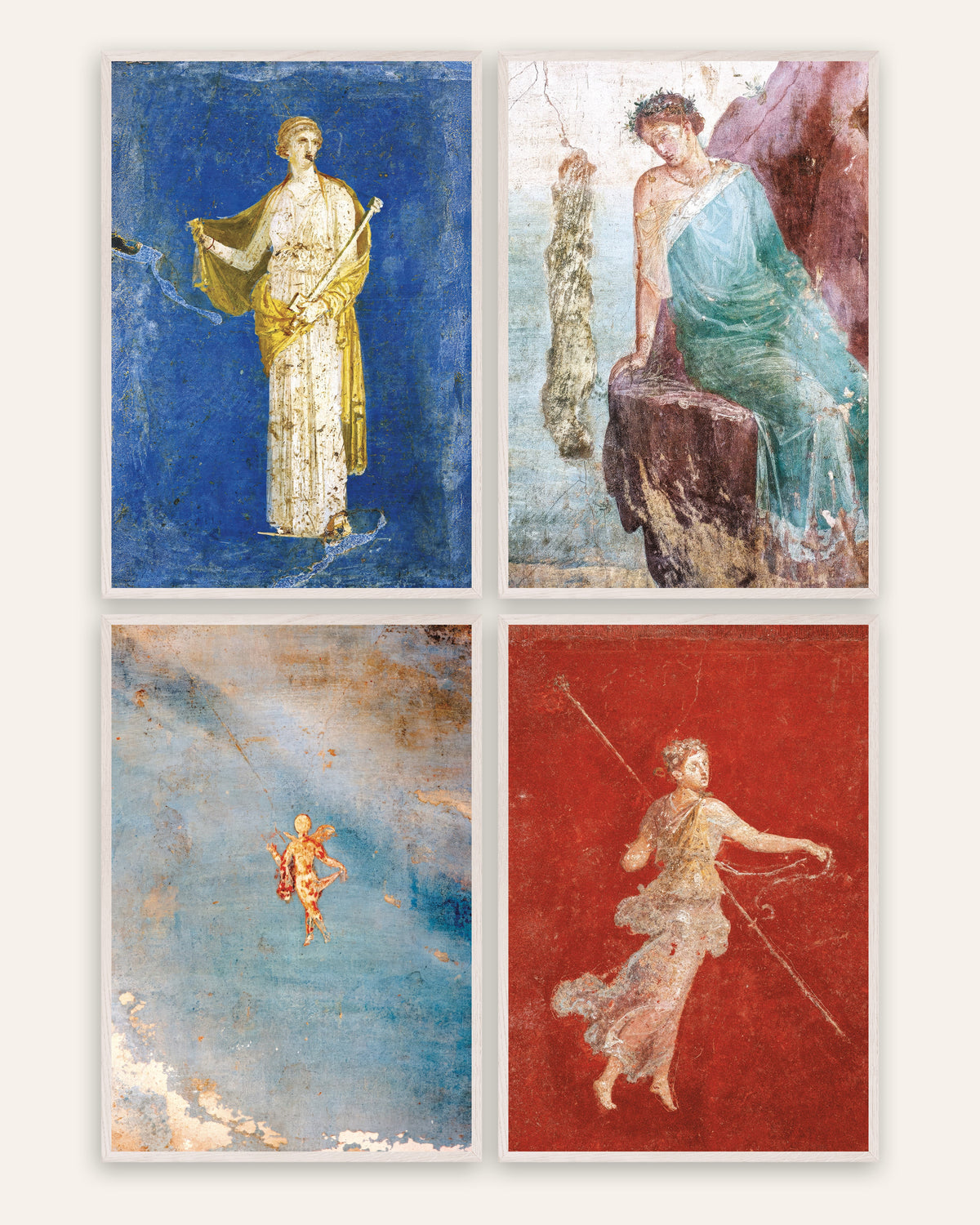 Pósters de frescos romanos, conjunto de 4: Medea, Ícaro, Psique y ménade, con marcos de roble blanco