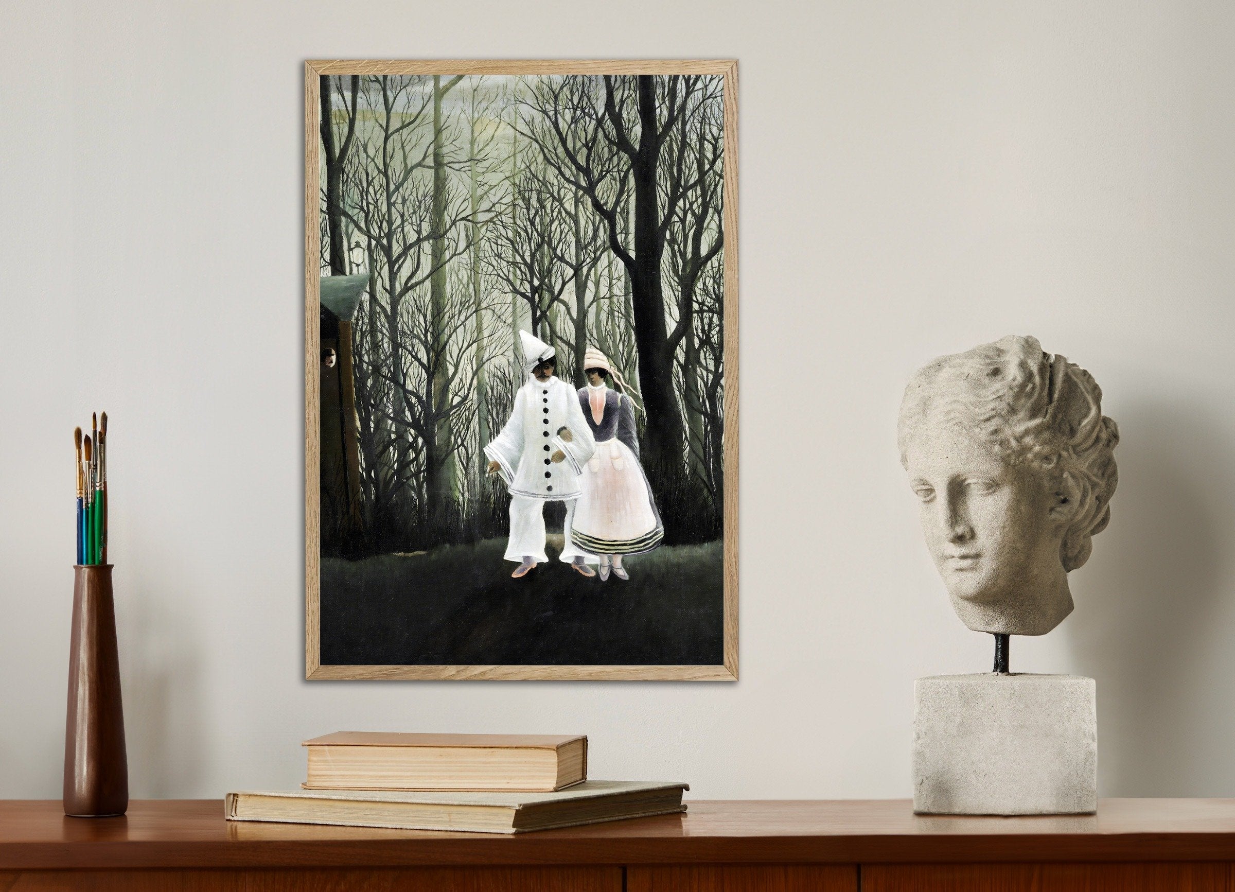 Poster of Henri Rousseau Print - A Carnival Evening (detail), with natural wooden frame