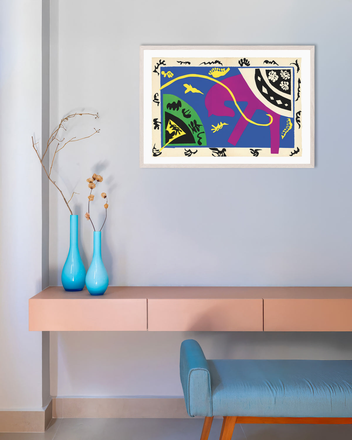 Caballo, jinete y payaso (Jazz, 1947), de Henri Matisse: póster con marco de madera blanco