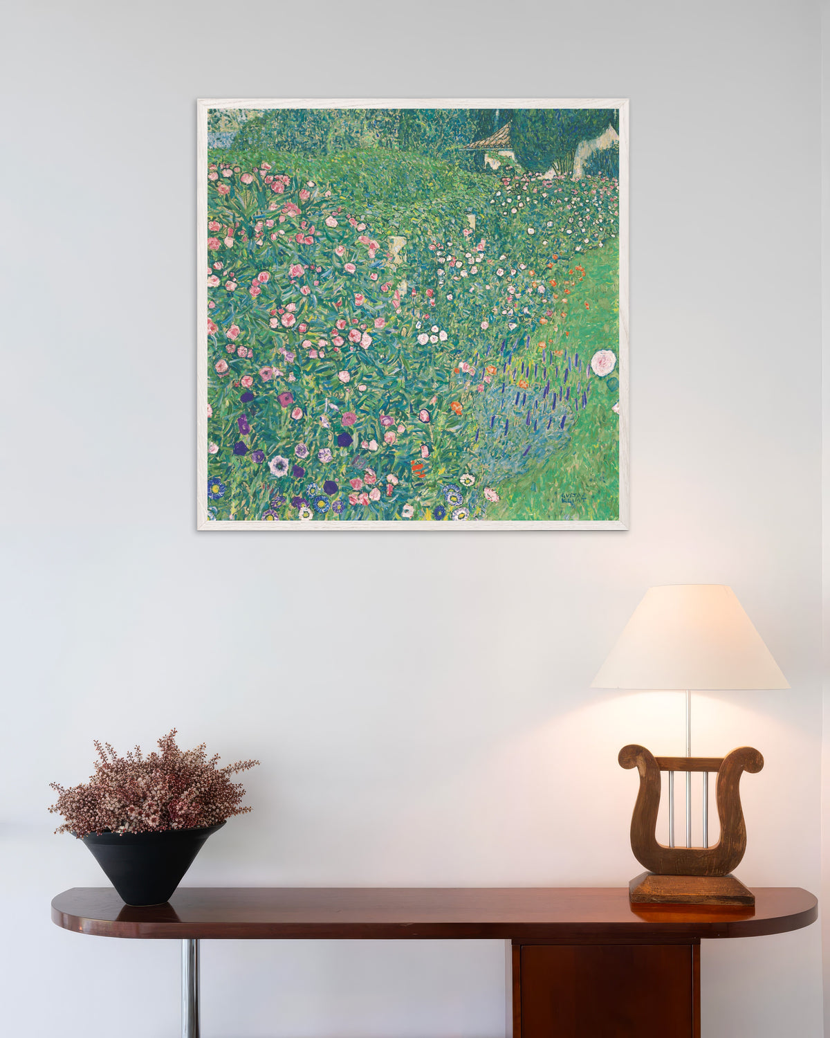 Póster Paisaje de jardín italiano (1913), de Gustav Klimt, con marco de madera blanca