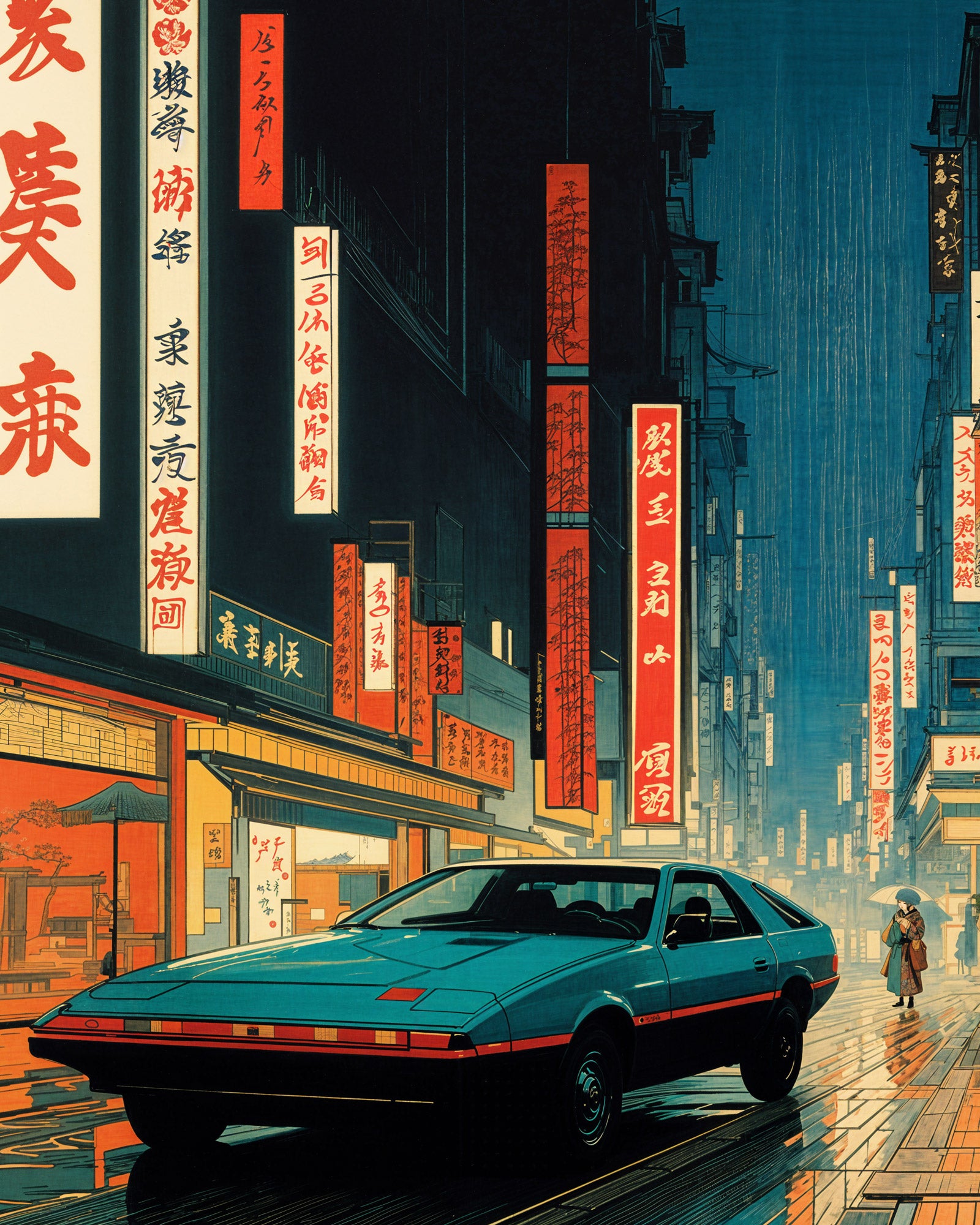 Vintage car on a Japanese street with neon signs and traditional architecture