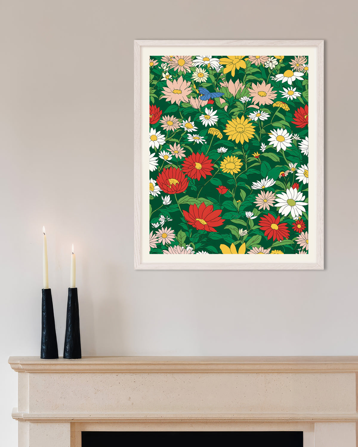 Póster de Estudio japonés de animación, flores, con marco de madera blanca