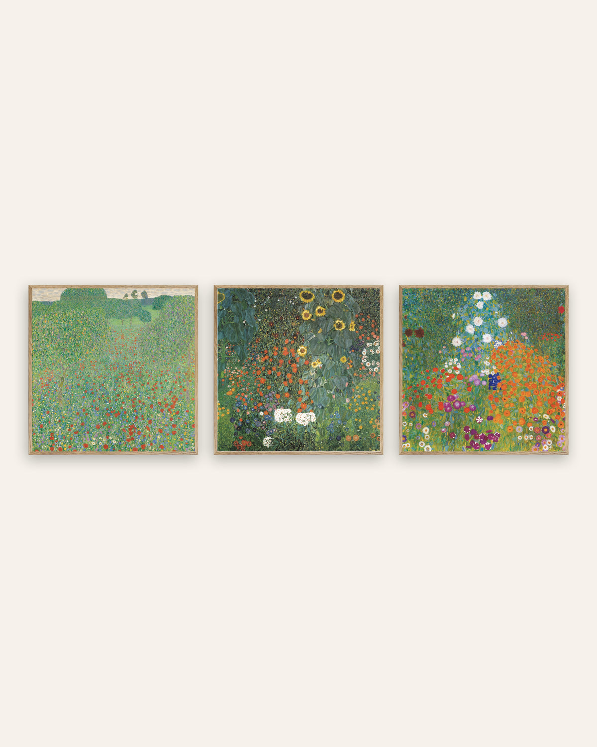 Pósters de Klimt, conjunto de 3: Campo de amapolas, Jardín con girasoles y Jardín campestre, con marcos de roble natural