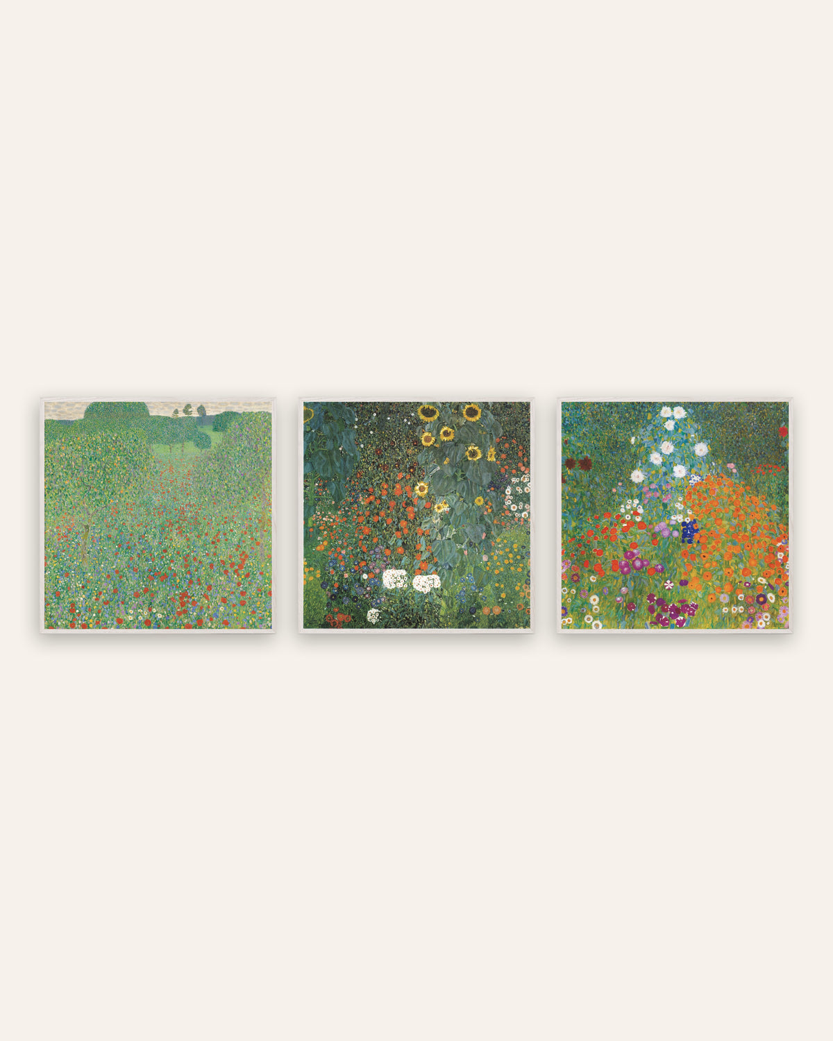 Pósters de Klimt, conjunto de 3: Campo de amapolas, Jardín con girasoles y Jardín campestre, con marcos de roble blanco