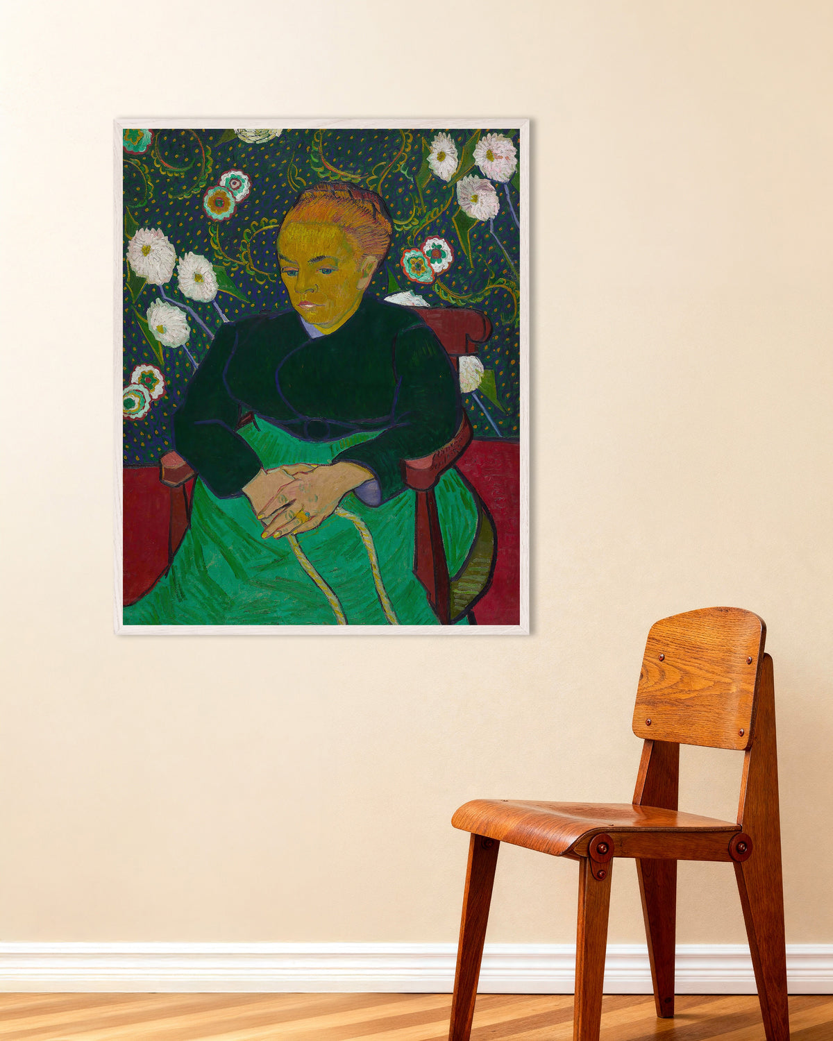Póster de La Berceuse, Madame Roulin acunando la cuna (1889), de Vincent van Gogh, con marco de madera blanco