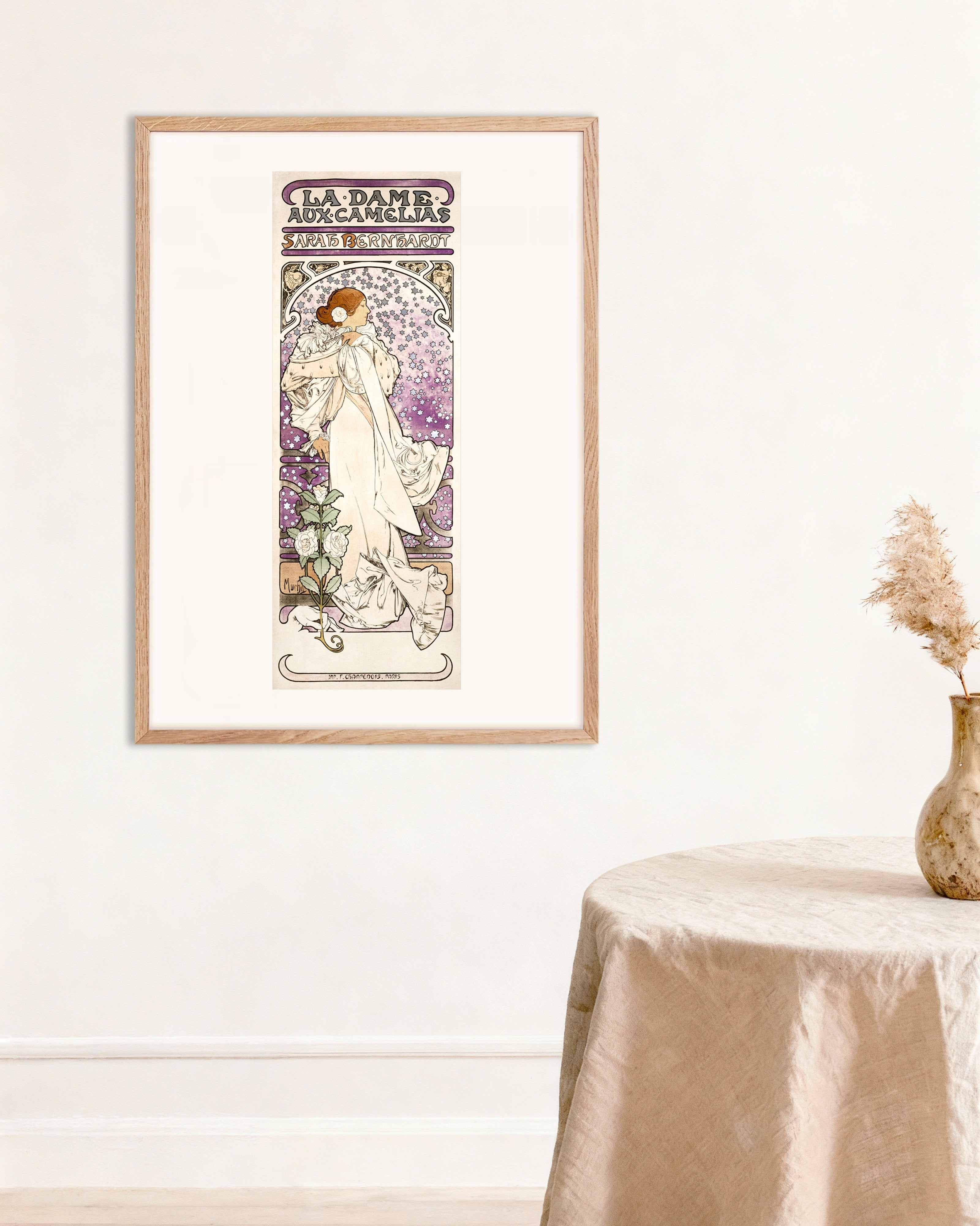 Poster of La dame aux camelias, Sarah Bernhardt (1896) by Alfons Mucha - Print, with natural wooden frame