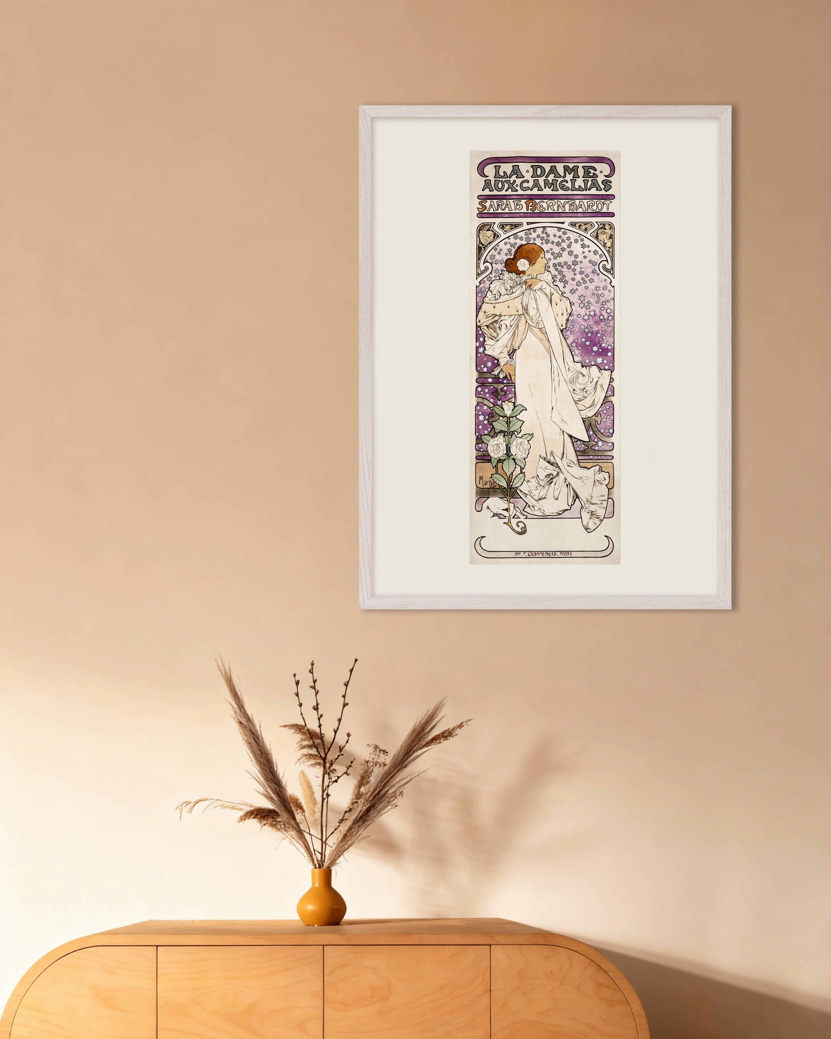Poster of La dame aux camelias, Sarah Bernhardt (1896) by Alfons Mucha - Print, with white wooden frame