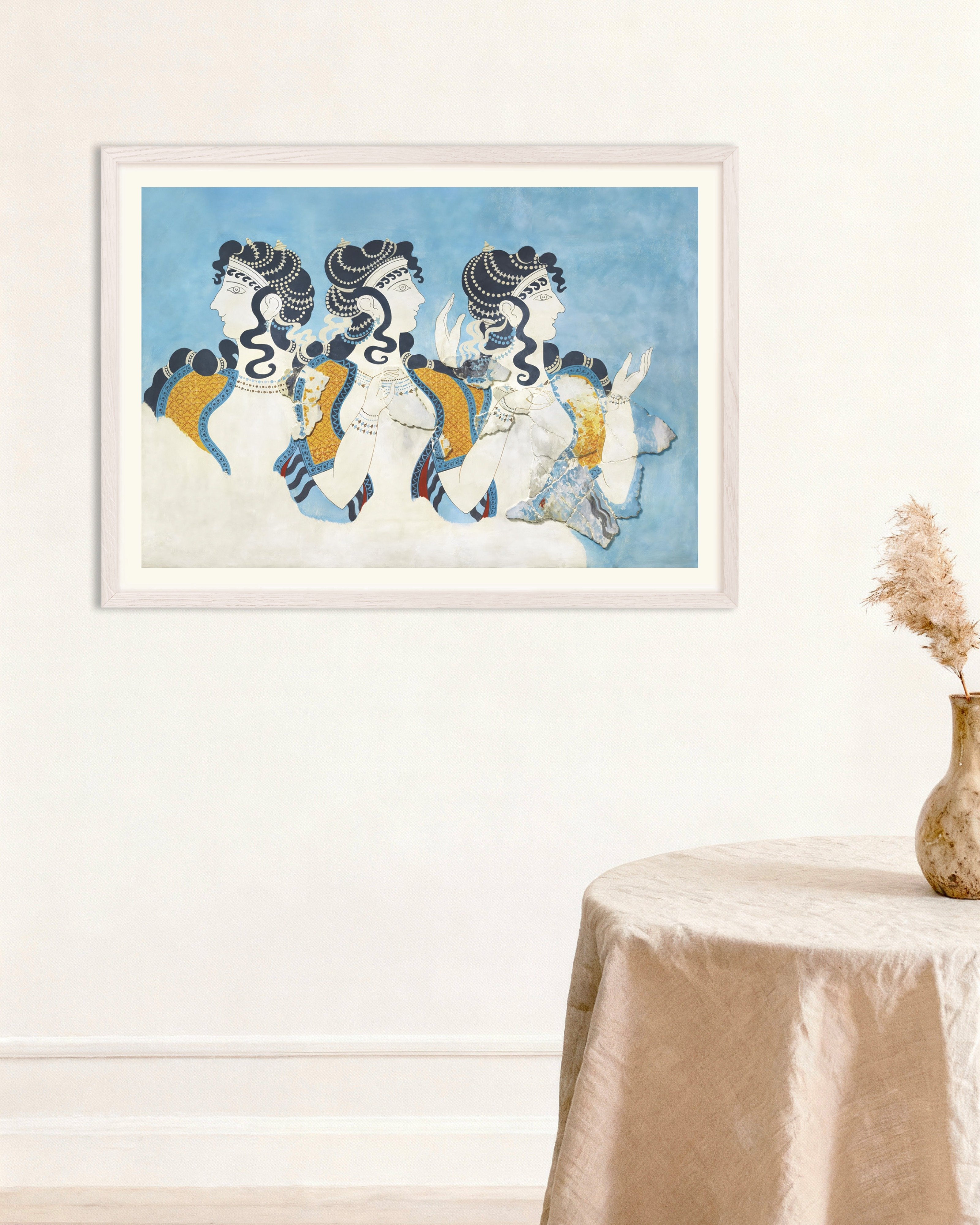 Poster of Ladies in Blue fresco reproduction by Emile Gilliéron Poster, with white wooden frame