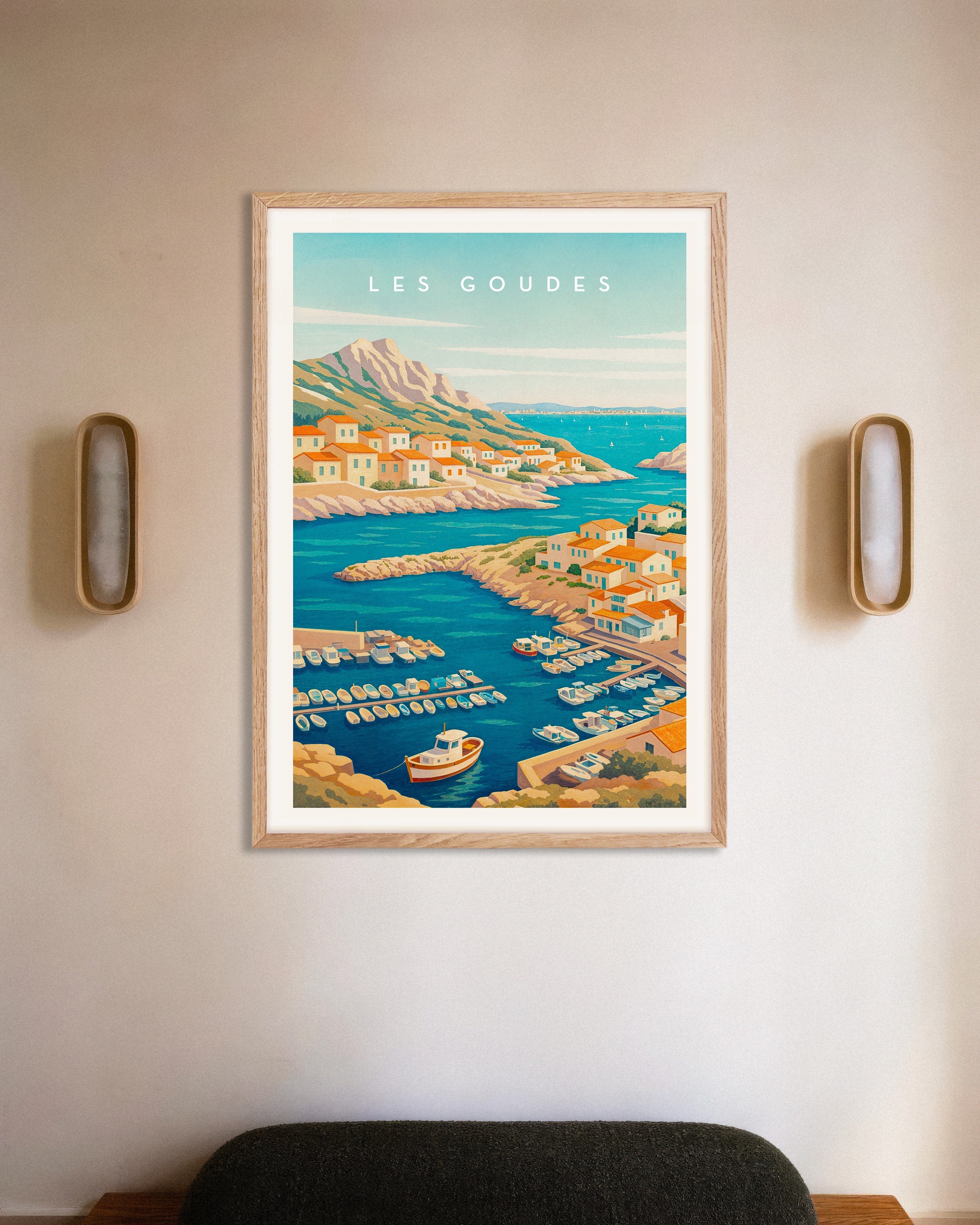 Poster of Les Goudes Marseille Travel Poster - Mediterranean Fishing Village, with natural wooden frame