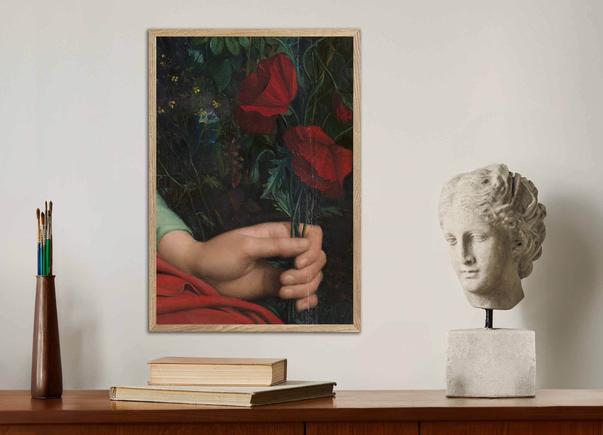 Poster of Louis Janmot "Fleur des Champs" Hand Detail - Red Tulips Art Print, with natural wooden frame